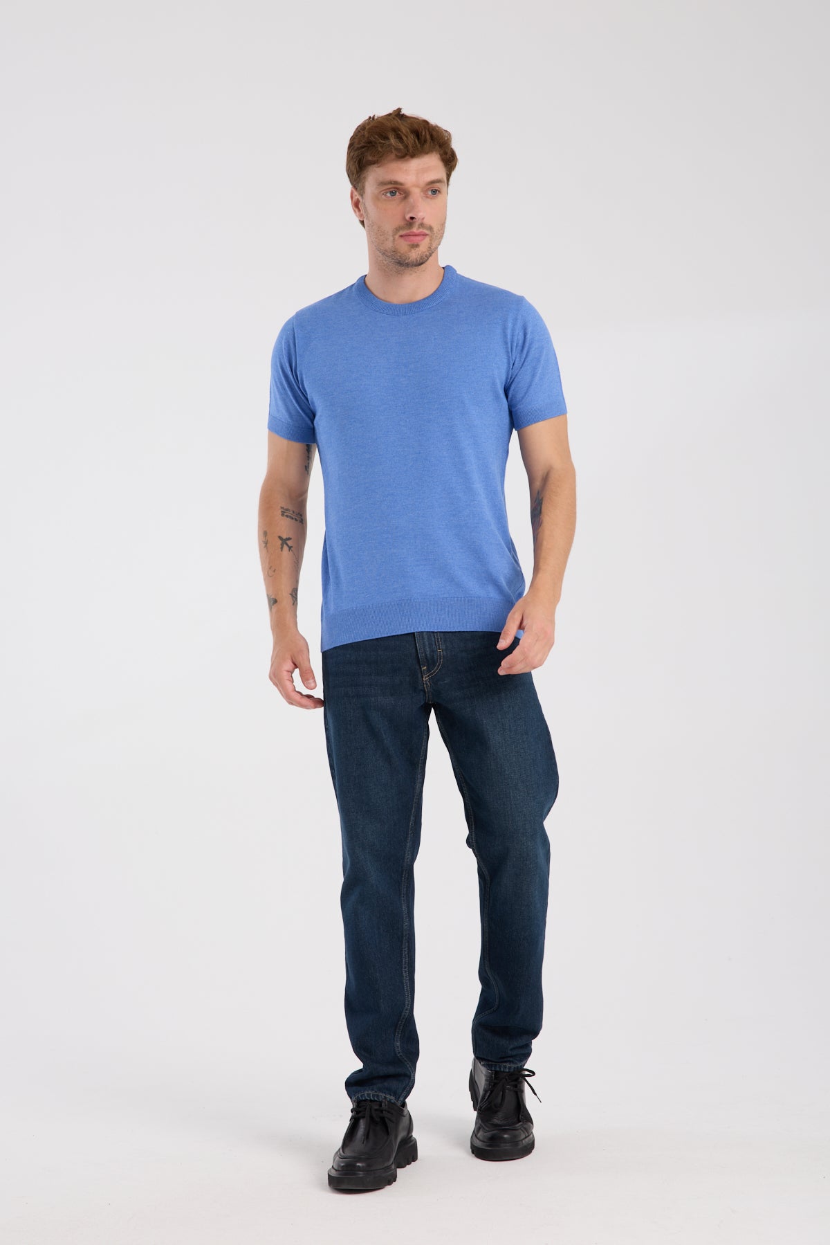 AClub Zulu Örme Kumaş Viskon Karışımlı Slim Fit İndigo Bisiklet Yaka Erkek Düz T-Shirt