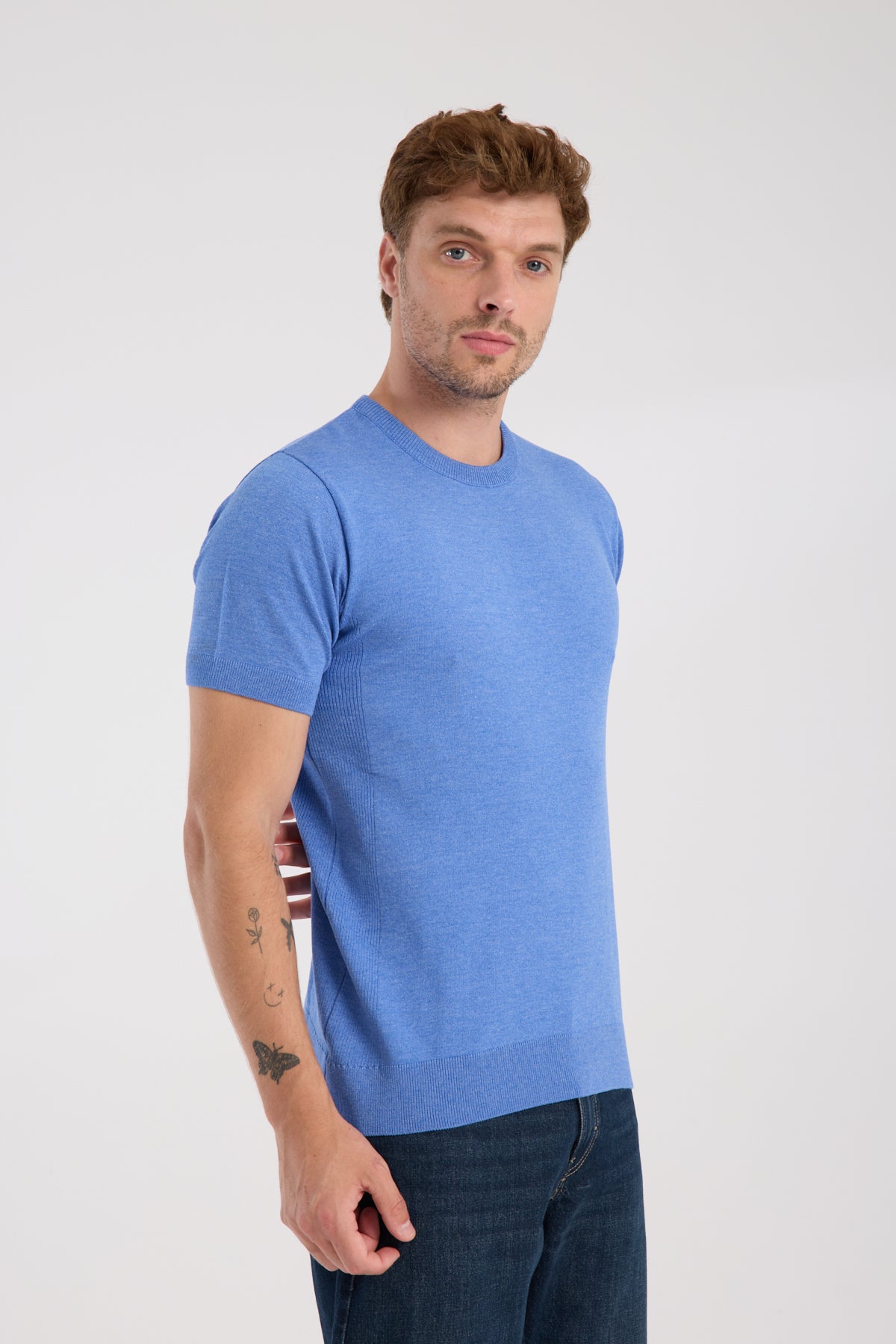 AClub Zulu Örme Kumaş Viskon Karışımlı Slim Fit İndigo Bisiklet Yaka Erkek Düz T-Shirt