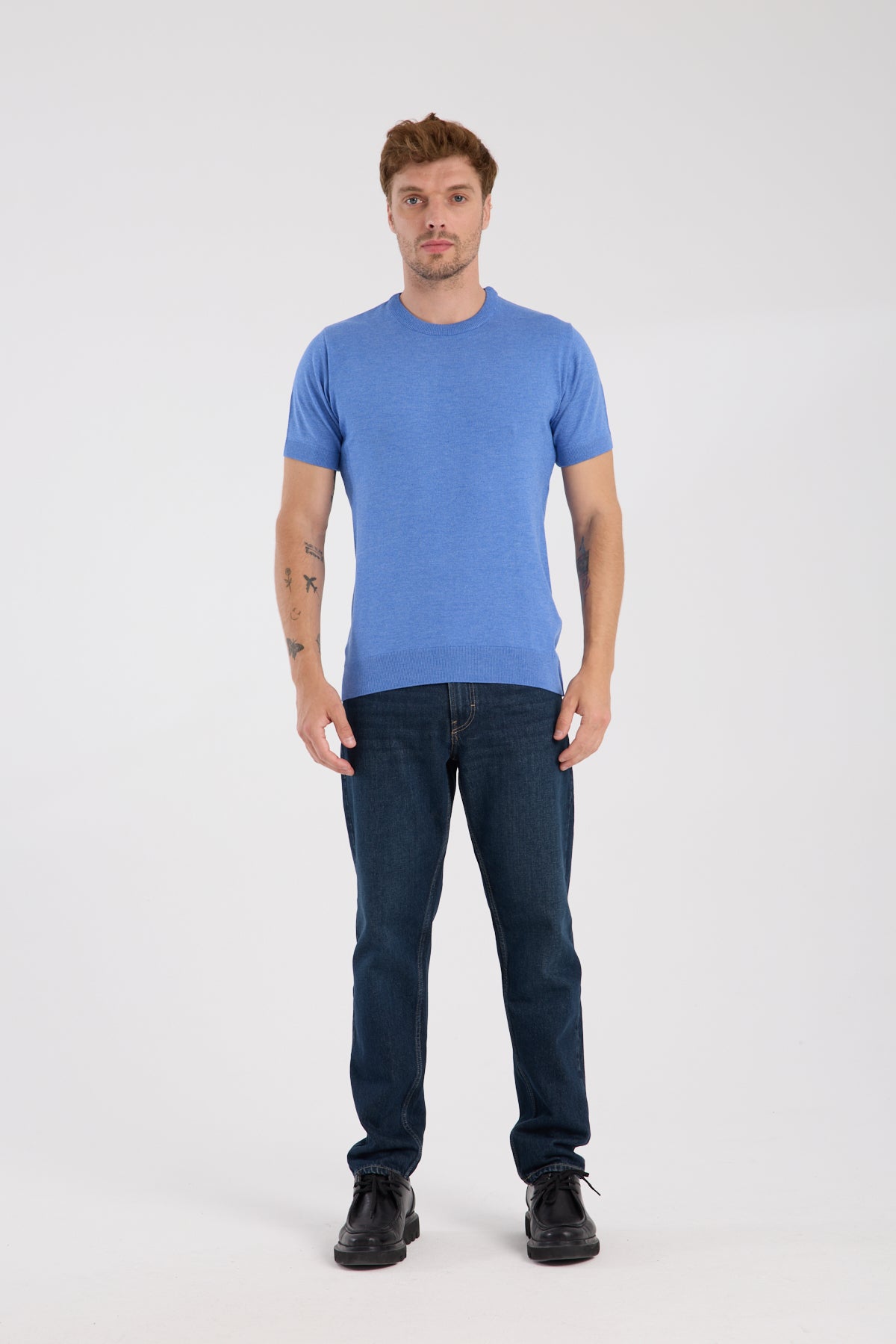 AClub Zulu Örme Kumaş Viskon Karışımlı Slim Fit İndigo Bisiklet Yaka Erkek Düz T-Shirt