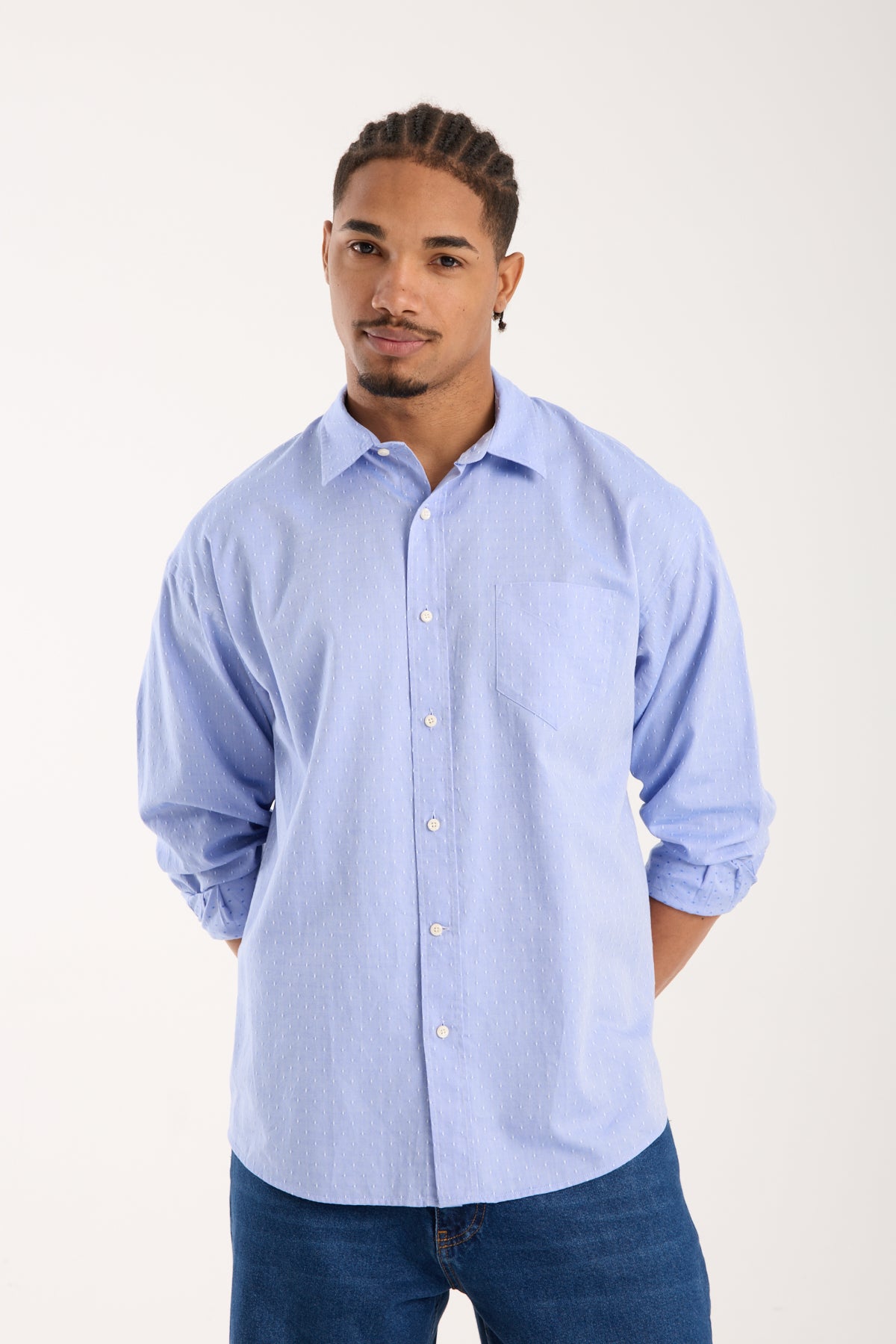 BB Club Rio Armür Pamuklu Oversize Fit Mavi Klasik Yaka Erkek Desenli Gömlek