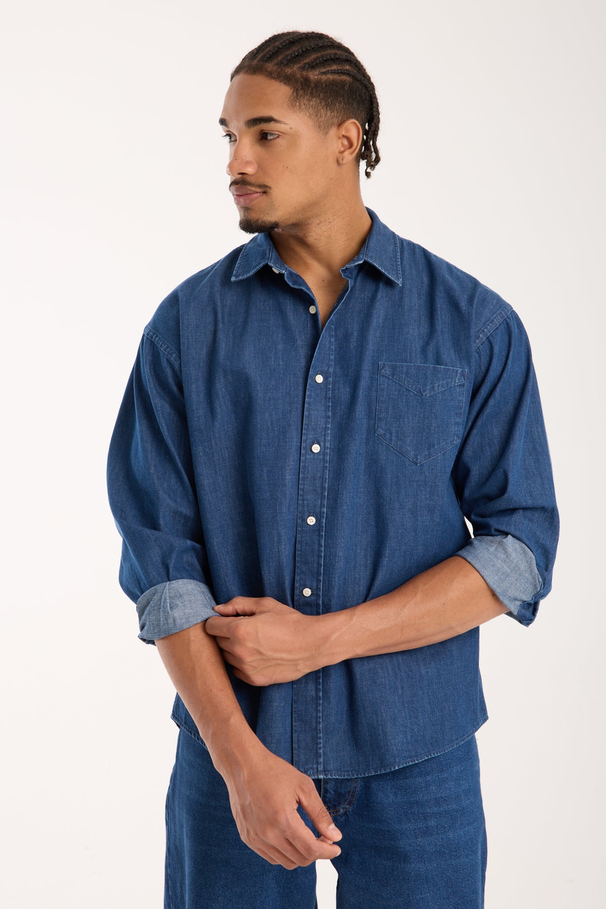 BB Club Rio Denim Pamuklu Oversize Fit Lacivert Klasik Yaka Erkek Düz Gömlek