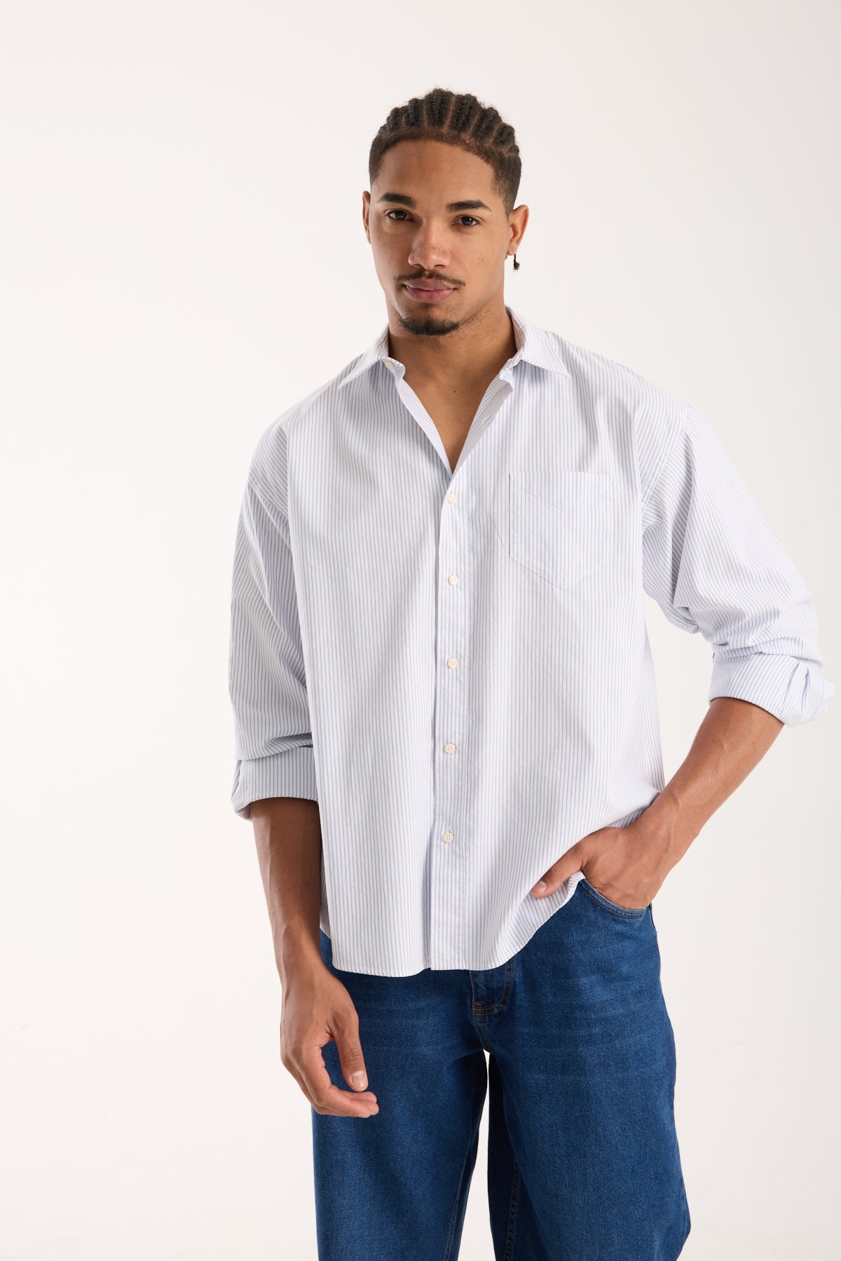 BB Club Rio Oxford Pamuklu Oversize Fit Açık Mavi Klasik Yaka Erkek Çizgili Gömlek