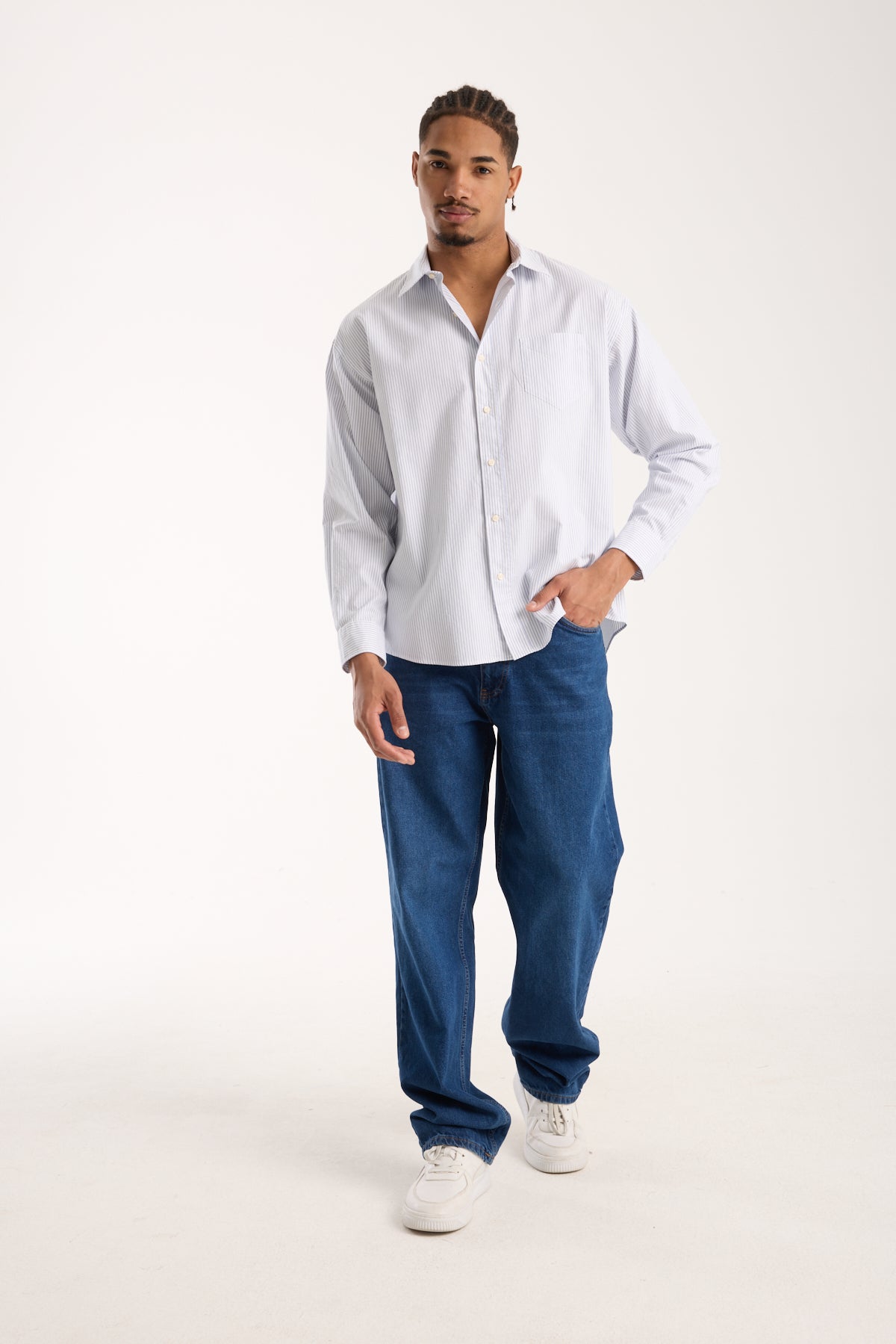BB Club Rio Oxford %100 Pamuk Oversize Fit Açık Mavi Klasik Yaka Erkek Çizgili Gömlek