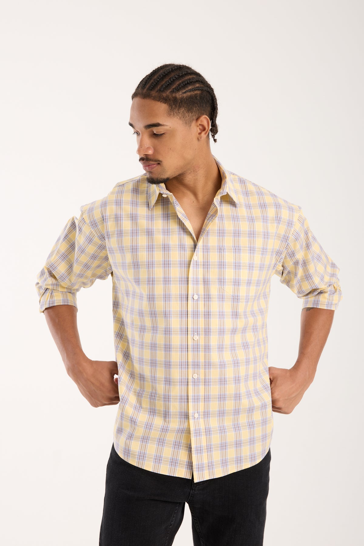 BB Club Rio Oxford Pamuklu Oversize Fit Sarı Klasik Yaka Erkek Ekoseli Gömlek