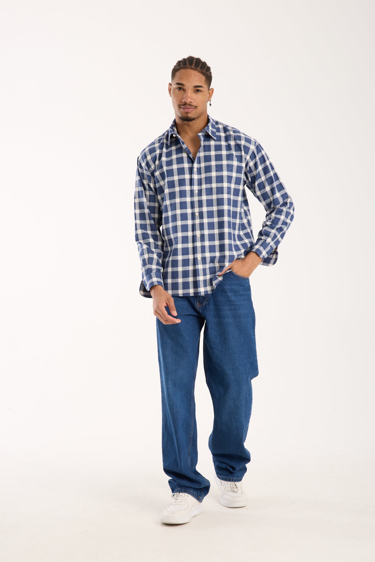 BB Club Rio Dokuma Pamuklu Oversize Fit Lacivert Klasik Yaka Erkek Kareli Gömlek