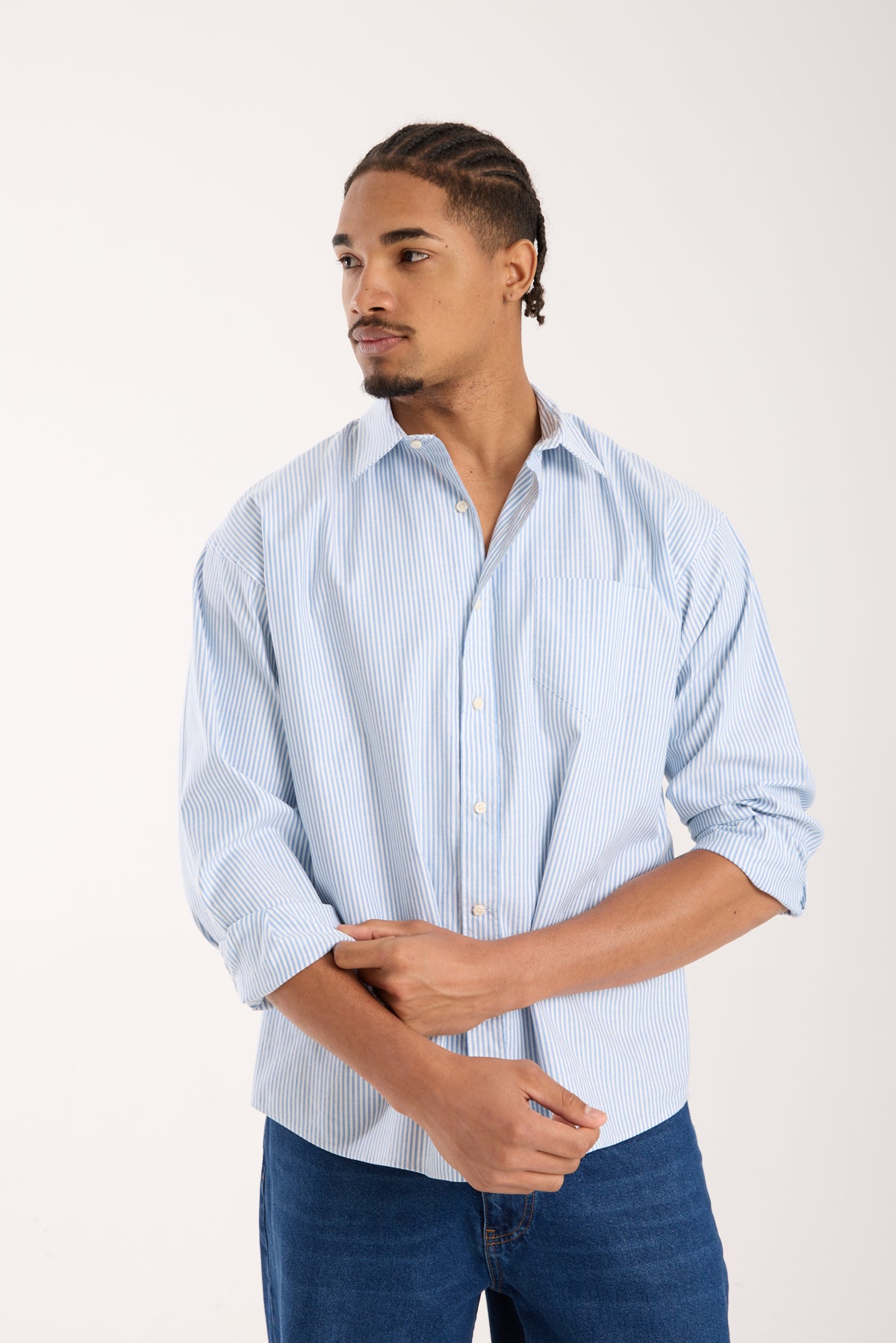 BB Club Rio Oxford Stretch Pamuk Karışımlı Oversize Fit Mavi Klasik Yaka Erkek Çizgili Gömlek