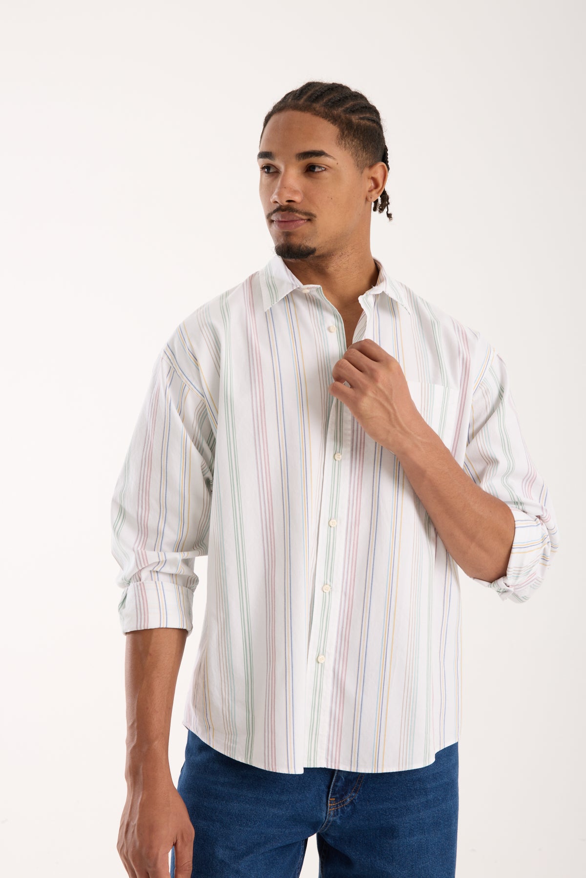 BB Club Rio Oxford Pamuklu Oversize Fit Beyaz Klasik Yaka Erkek Çizgili Gömlek