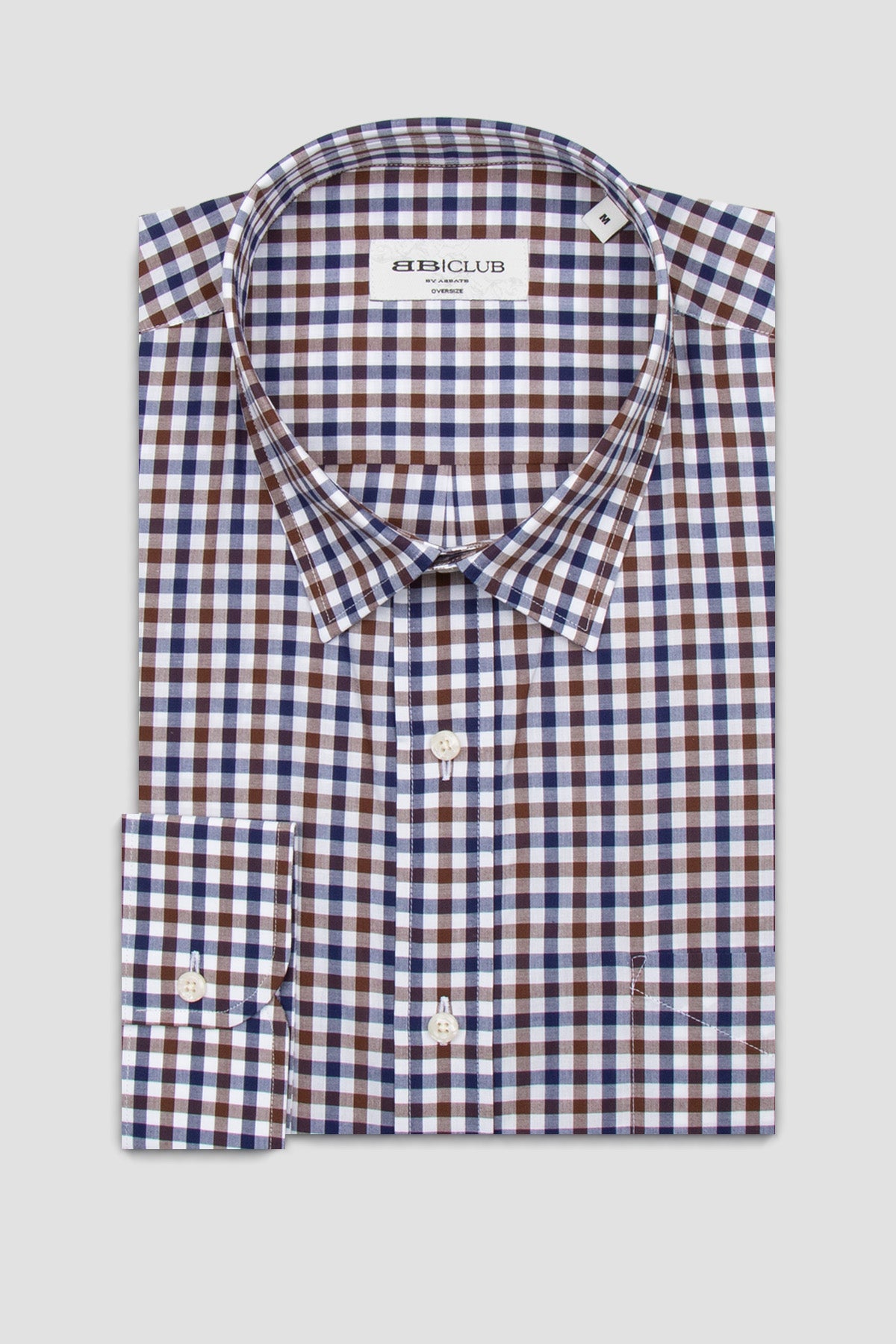 BB Club Rio Poplin %100 Pamuk Oversize Fit Kahverengi Klasik Yaka Erkek Kareli Gömlek