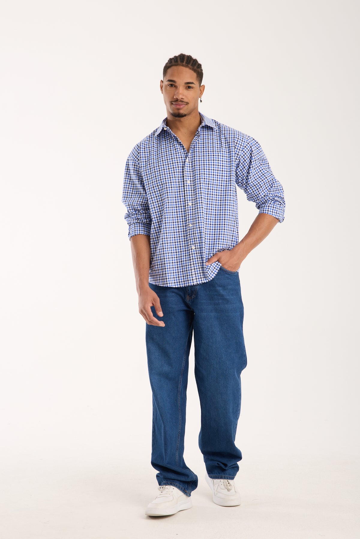 BB Club Rio Poplin Pamuklu Oversize Fit Koyu Mavi Klasik Yaka Erkek Kareli Gömlek
