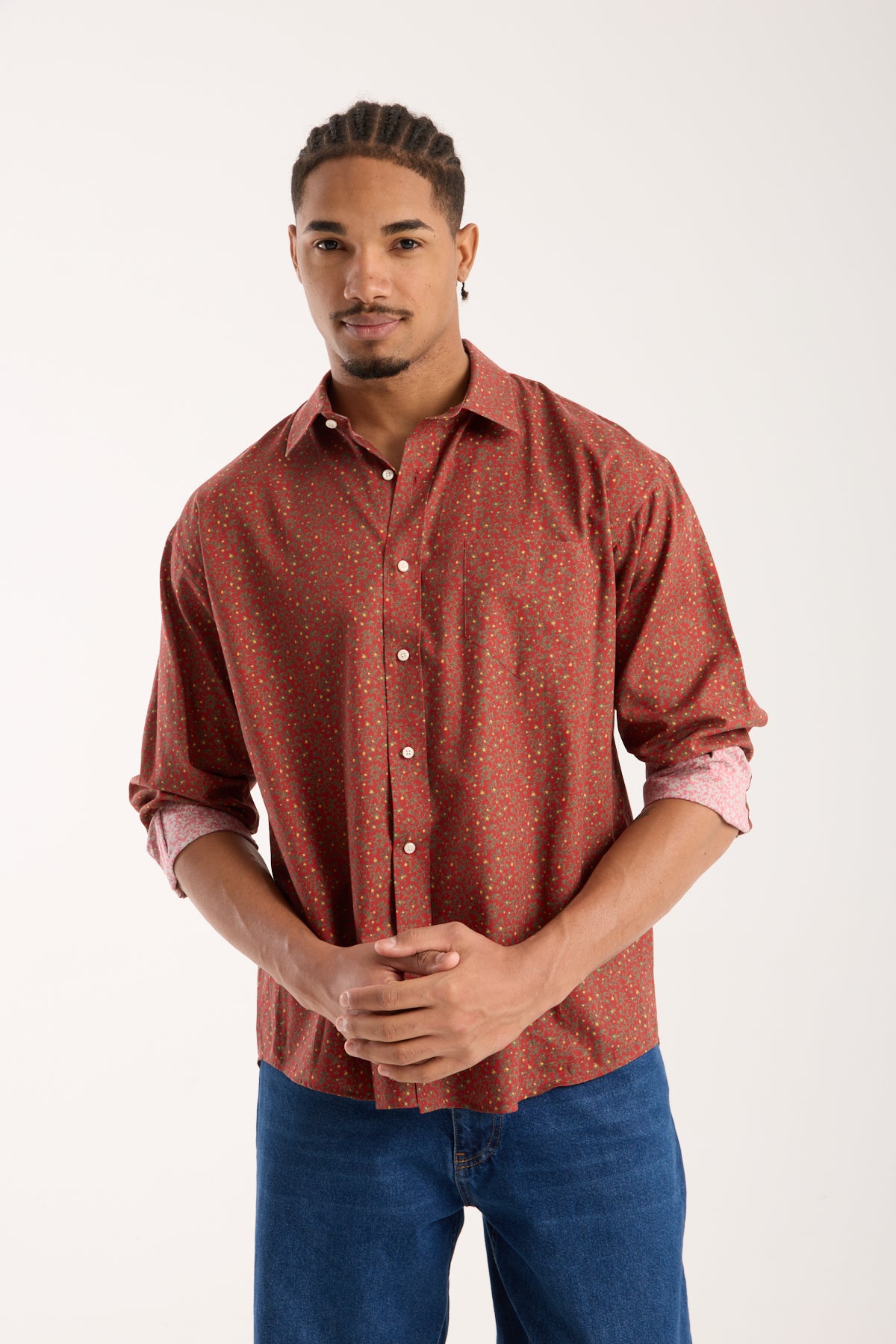 BB Club Rio Poplin Pamuklu Oversize Fit Kırmızı Klasik Yaka Erkek Baskılı Gömlek
