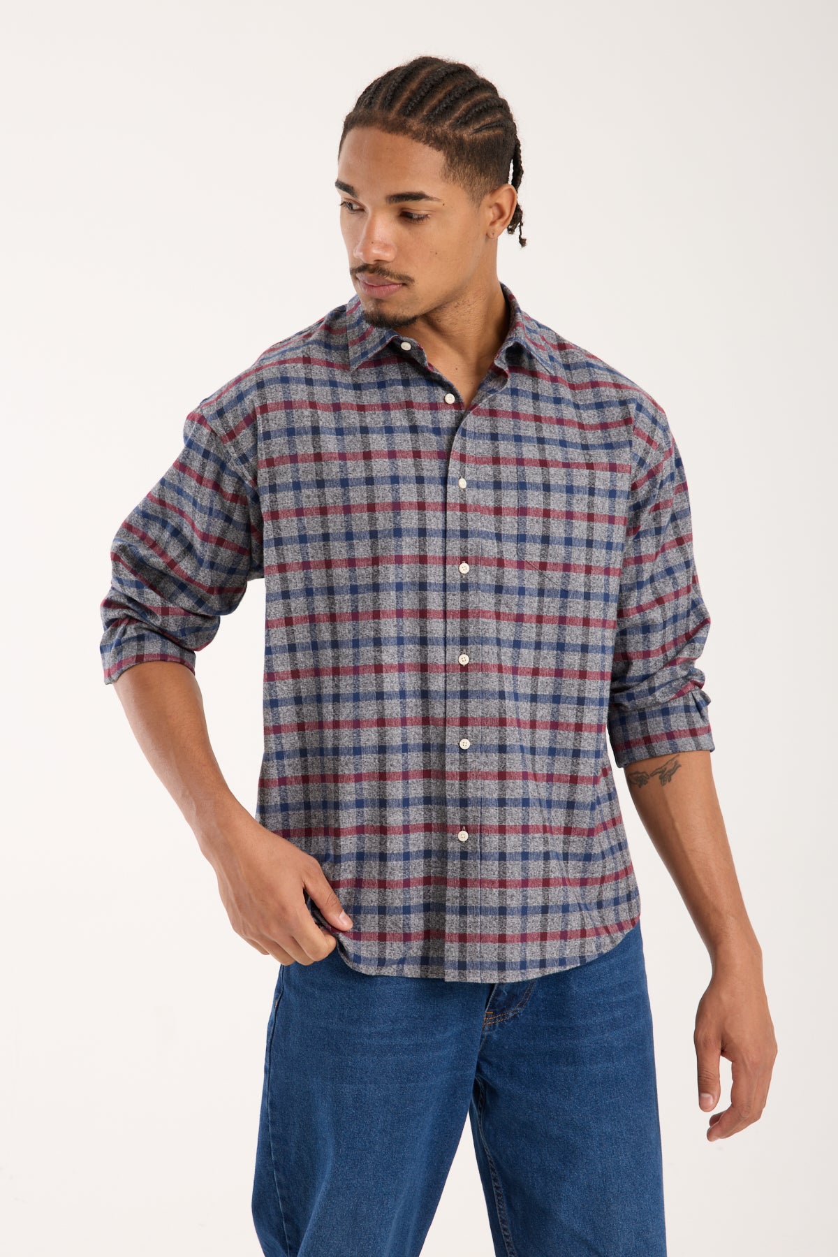 BB Club Rio Twill Pamuklu Oversize Fit Gri Klasik Yaka Erkek Ekoseli Gömlek