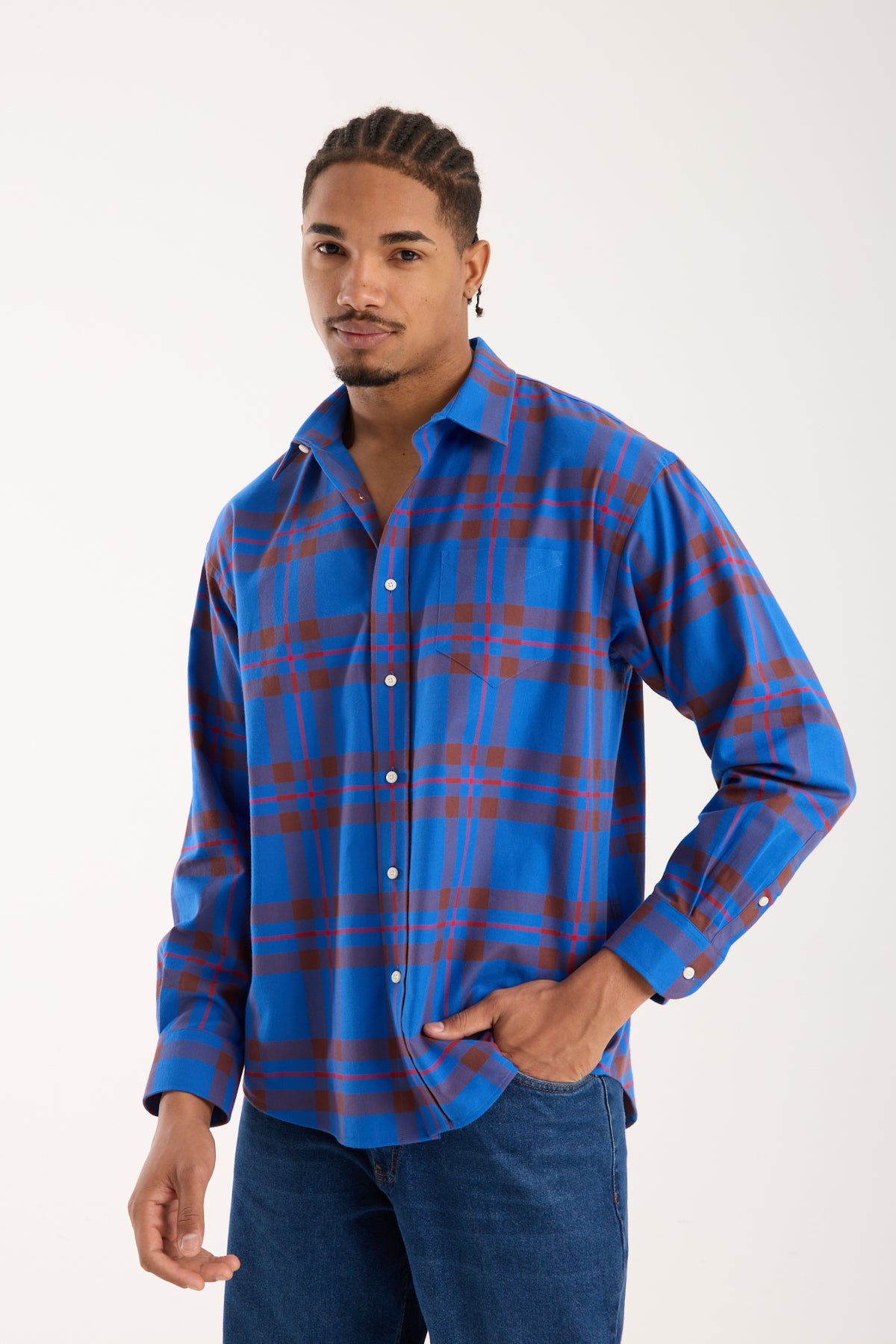 BB Club Rio Twill Pamuklu Oversize Fit Lacivert Klasik Yaka Erkek Ekoseli Gömlek