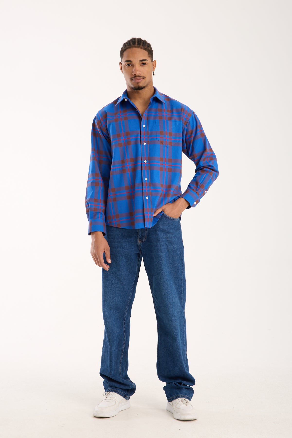 BB Club Rio Twill Pamuklu Oversize Fit Lacivert Klasik Yaka Erkek Ekoseli Gömlek