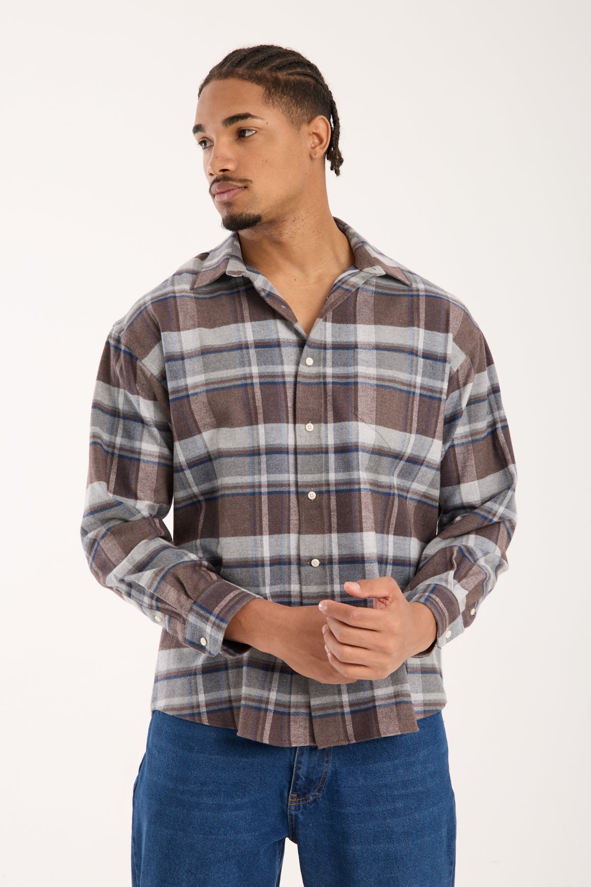BB Club Rio Flanel Pamuklu Oversize Fit Kahverengi Klasik Yaka Erkek Ekoseli Gömlek