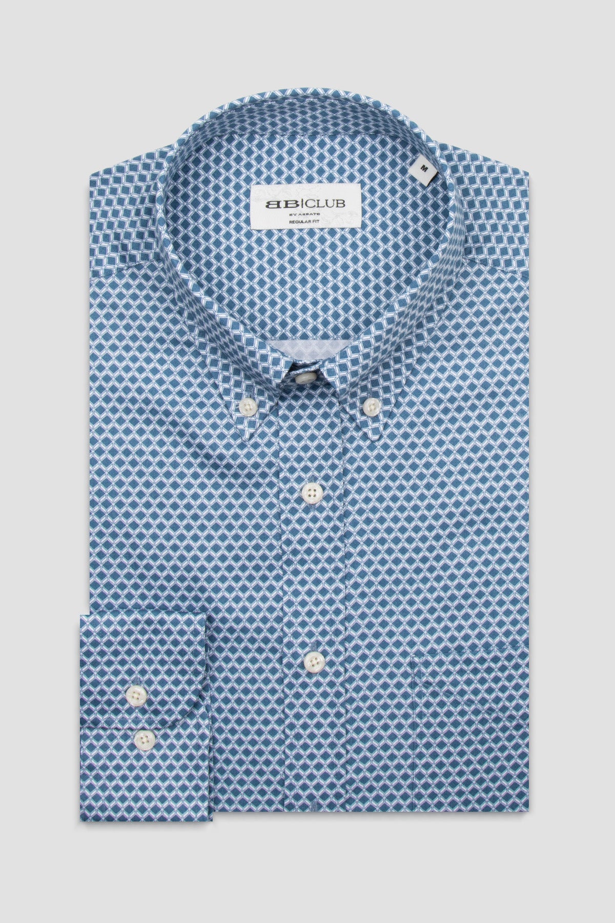 BB Club Mike Dokuma Pamuklu Regular Fit Mavi Düğmeli Yaka Erkek Baskılı Gömlek