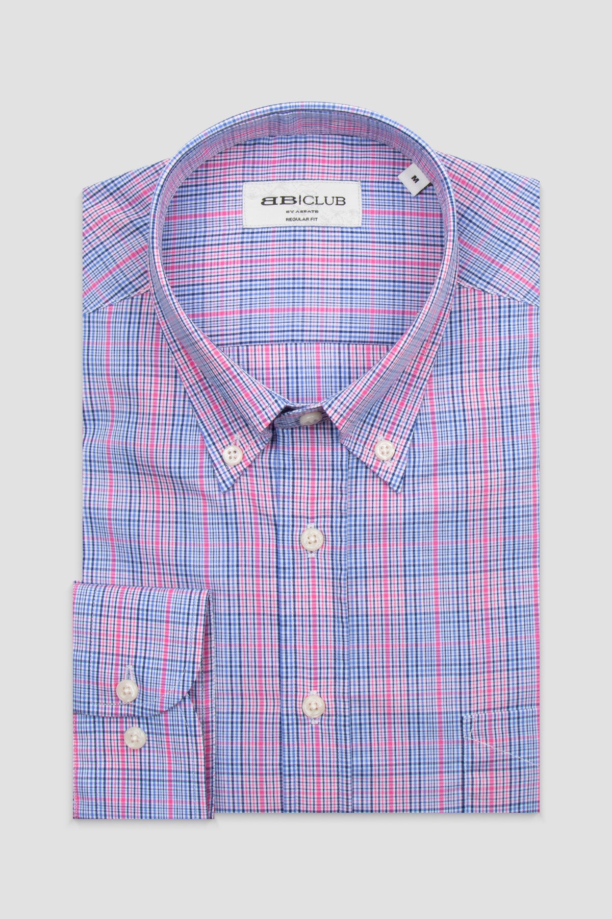 BB Club Mike Poplin Pamuklu Regular Fit Mavi Düğmeli Yaka Erkek Ekoseli Gömlek