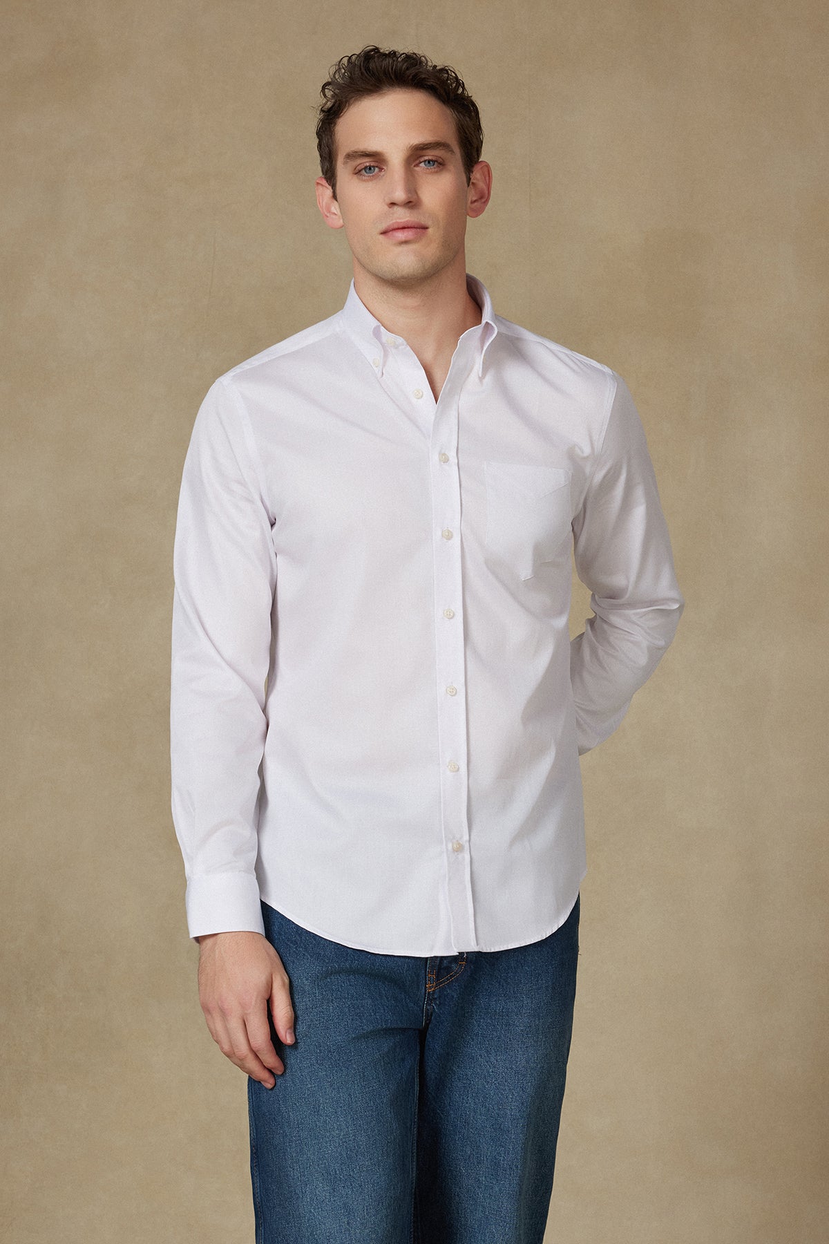 BB Club Mike Non Iron Oxford Kolay Ütülenebilir Pamuklu Regular Fit Beyaz Düğmeli Yaka Erkek Düz Gömlek