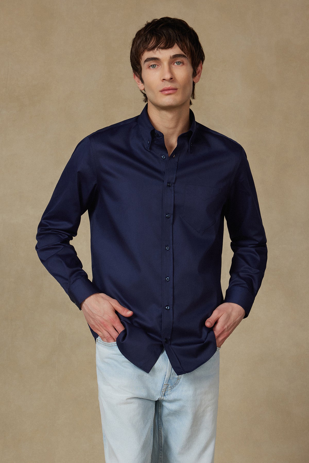 BB Club Mike Non Iron Oxford Kolay Ütülenebilir Pamuklu Regular Fit Lacivert Düğmeli Yaka Erkek Düz Gömlek