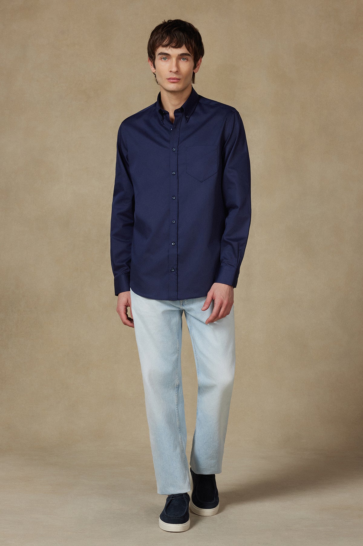 BB Club Mike Non Iron Oxford Kolay Ütülenebilir Pamuklu Regular Fit Lacivert Düğmeli Yaka Erkek Düz Gömlek