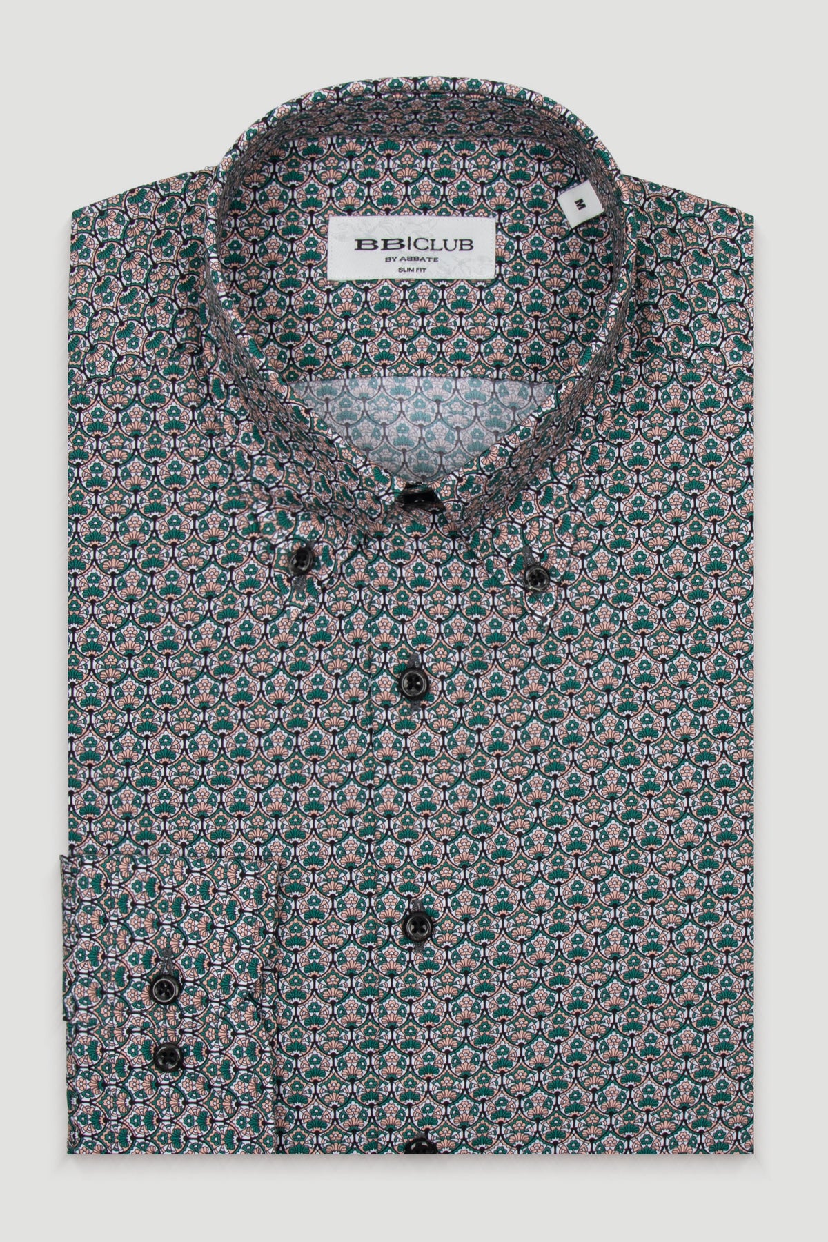 BB Club Aron Poplin %100 Pamuk Slim Fit Yeşil Düğmeli Yaka Erkek Baskılı Gömlek
