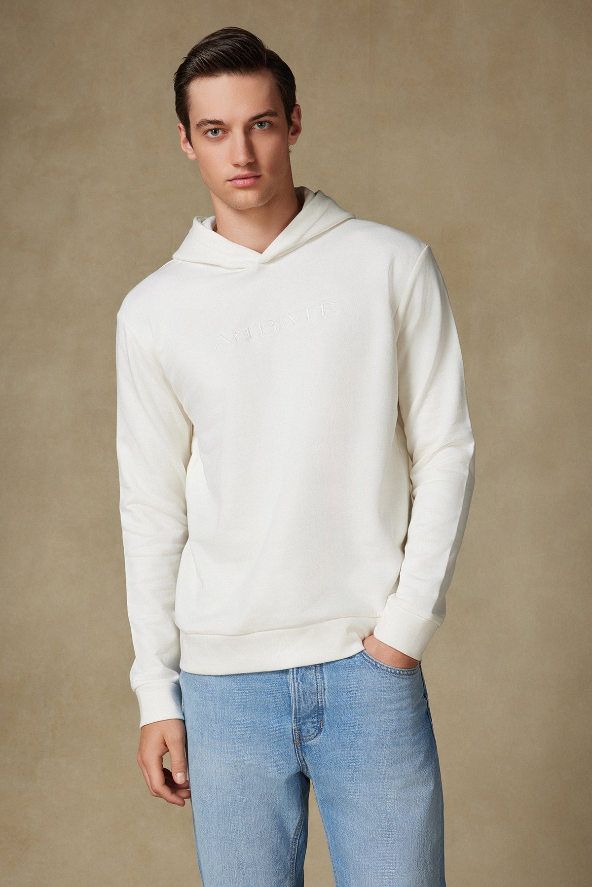 Abbate Hoodie Örme Kumaş Pamuklu Comfort Fit Beyaz Bisiklet Yaka Erkek Nakışlı Hoodie