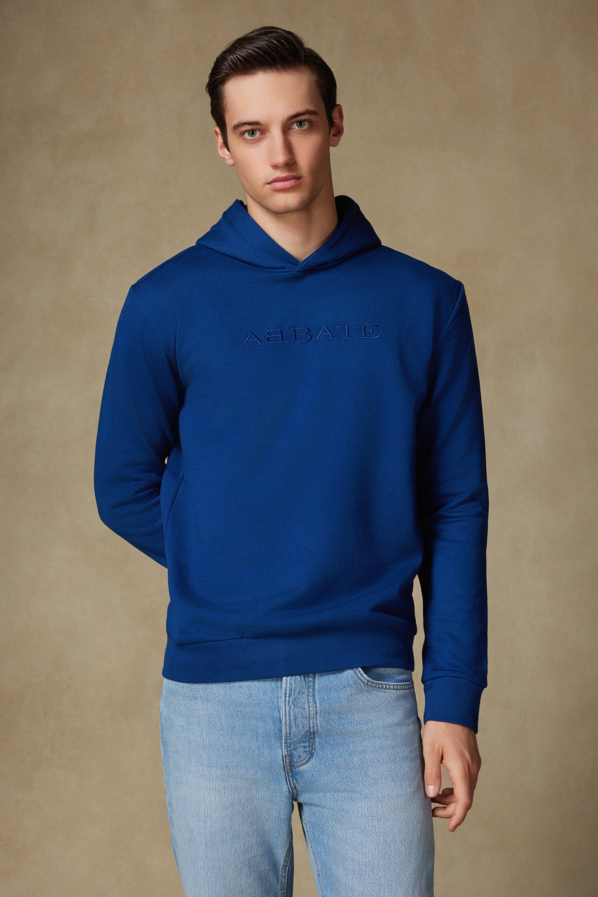 Abbate Hoodie Örme Kumaş Pamuklu Comfort Fit Saks Bisiklet Yaka Erkek Nakışlı Hoodie