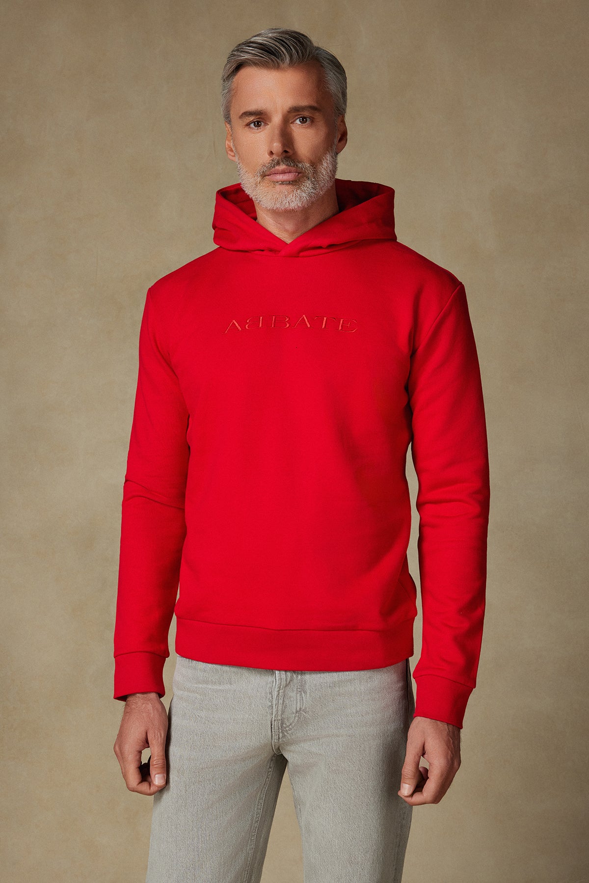 Abbate Hoodie Örme Kumaş Pamuklu Comfort Fit Kırmızı Bisiklet Yaka Erkek Nakışlı Hoodie