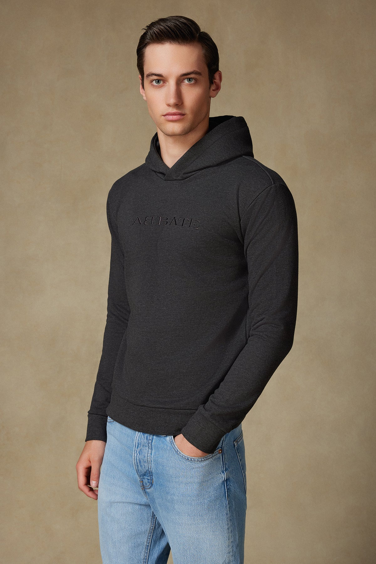 Abbate Hoodie Örme Kumaş Pamuklu Comfort Fit Antrasit Bisiklet Yaka Erkek Nakışlı Hoodie