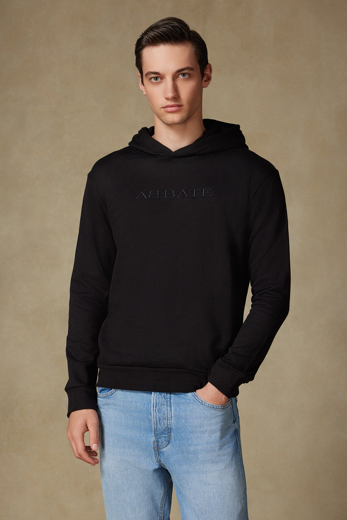 Abbate Hoodie Örme Kumaş Pamuklu Comfort Fit Siyah Kapüşonlu Erkek Nakışlı Hoodie