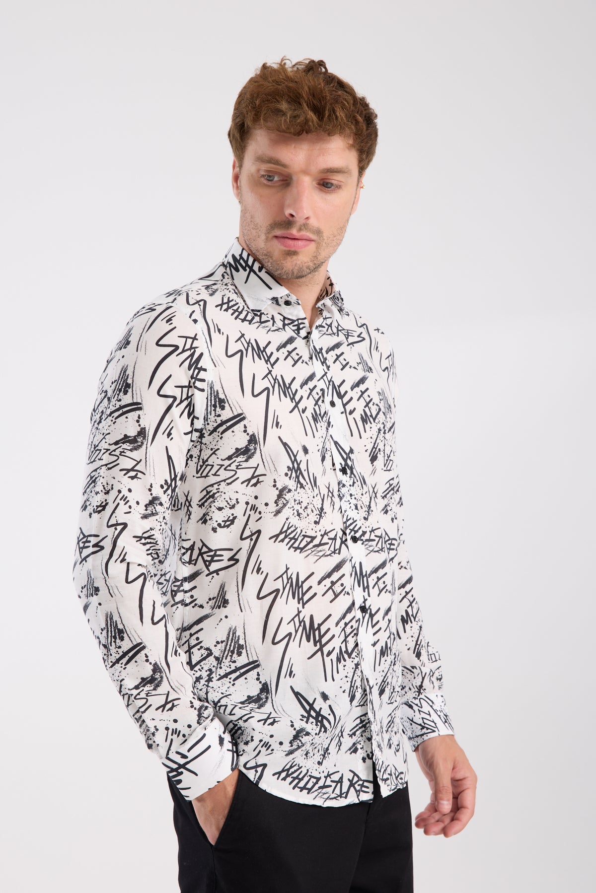 AClub AC10063 Twill Pamuklu Slim Fit Beyaz Klasik Yaka Erkek Baskılı Gömlek