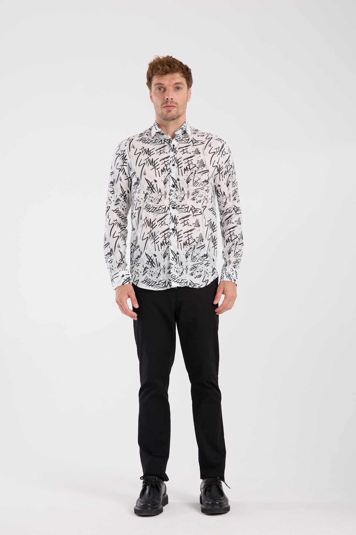 AClub AC10063 Twill Pamuklu Slim Fit Beyaz Klasik Yaka Erkek Baskılı Gömlek