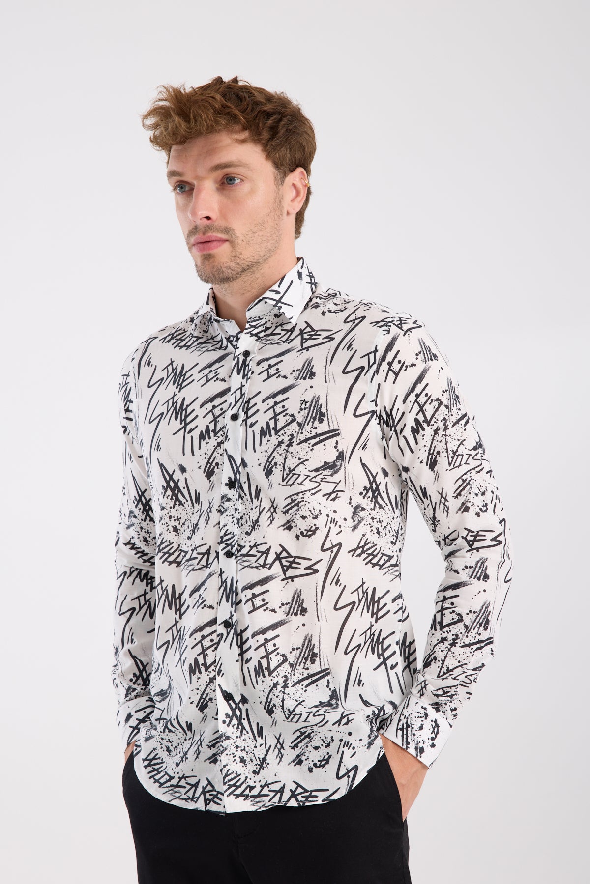 AClub AC10063 Twill Pamuklu Slim Fit Beyaz Klasik Yaka Erkek Baskılı Gömlek