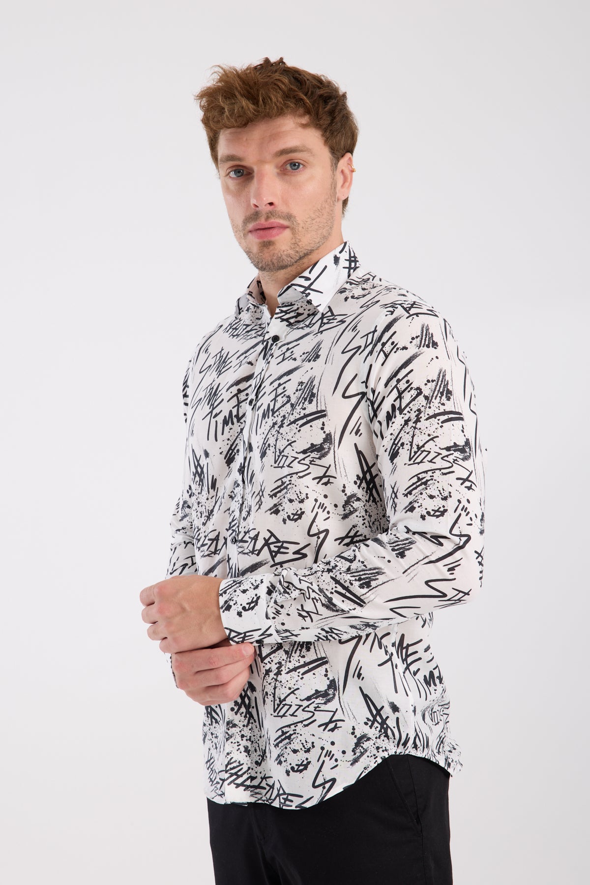 AClub AC10063 Twill Pamuklu Slim Fit Beyaz Klasik Yaka Erkek Baskılı Gömlek