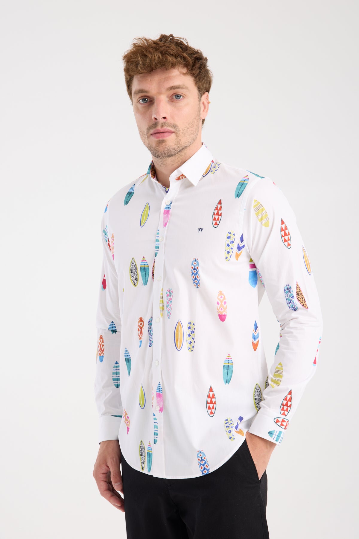 AClub AC10064 Poplin Pamuklu Slim Fit Beyaz Klasik Yaka Erkek Baskılı Gömlek