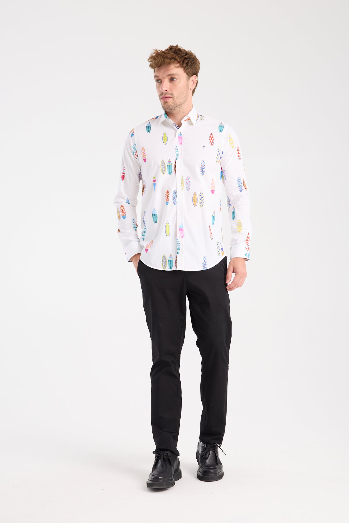 AClub AC10064 Poplin Pamuklu Slim Fit Beyaz Klasik Yaka Erkek Baskılı Gömlek