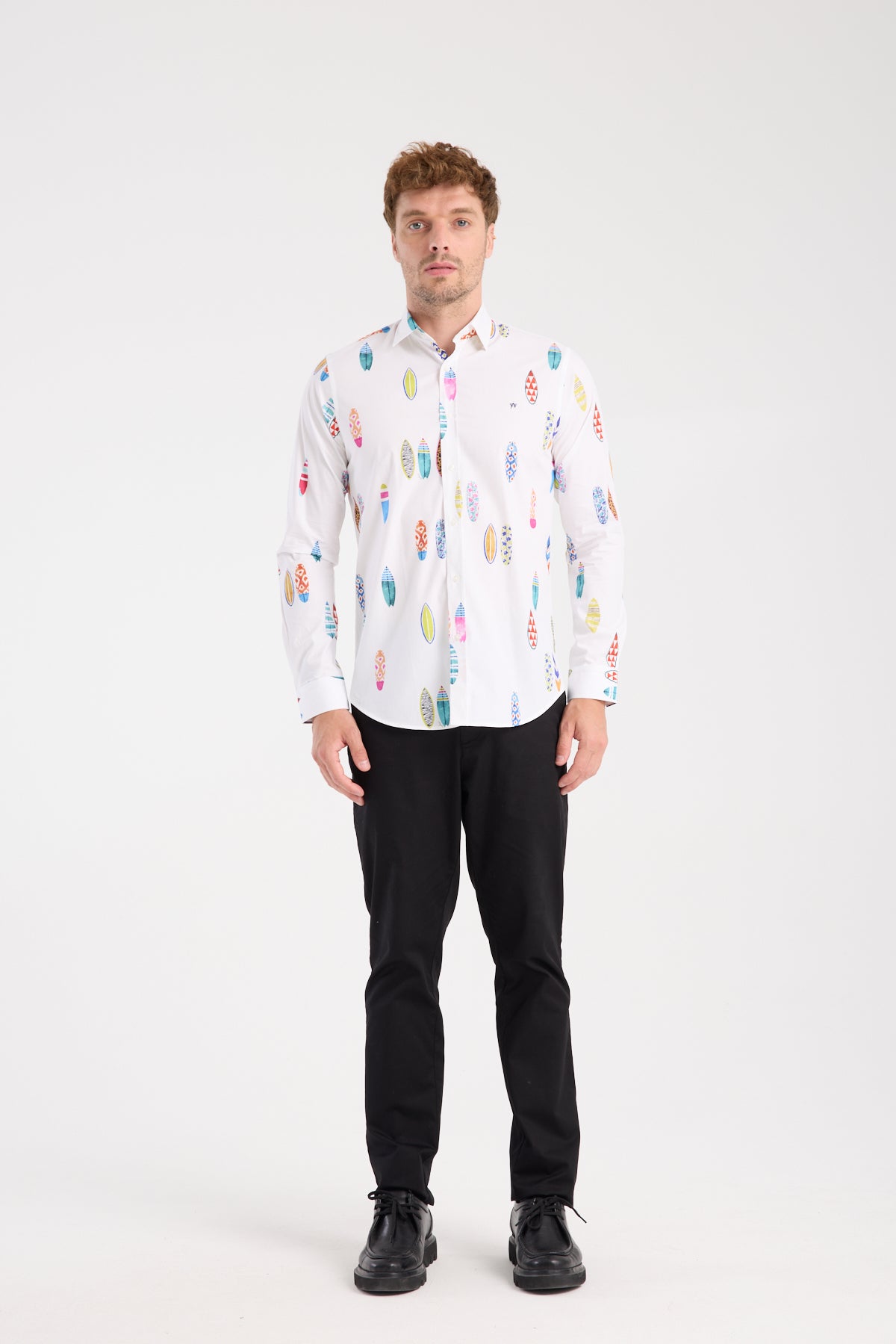 AClub AC10064 Poplin Pamuklu Slim Fit Beyaz Klasik Yaka Erkek Baskılı Gömlek