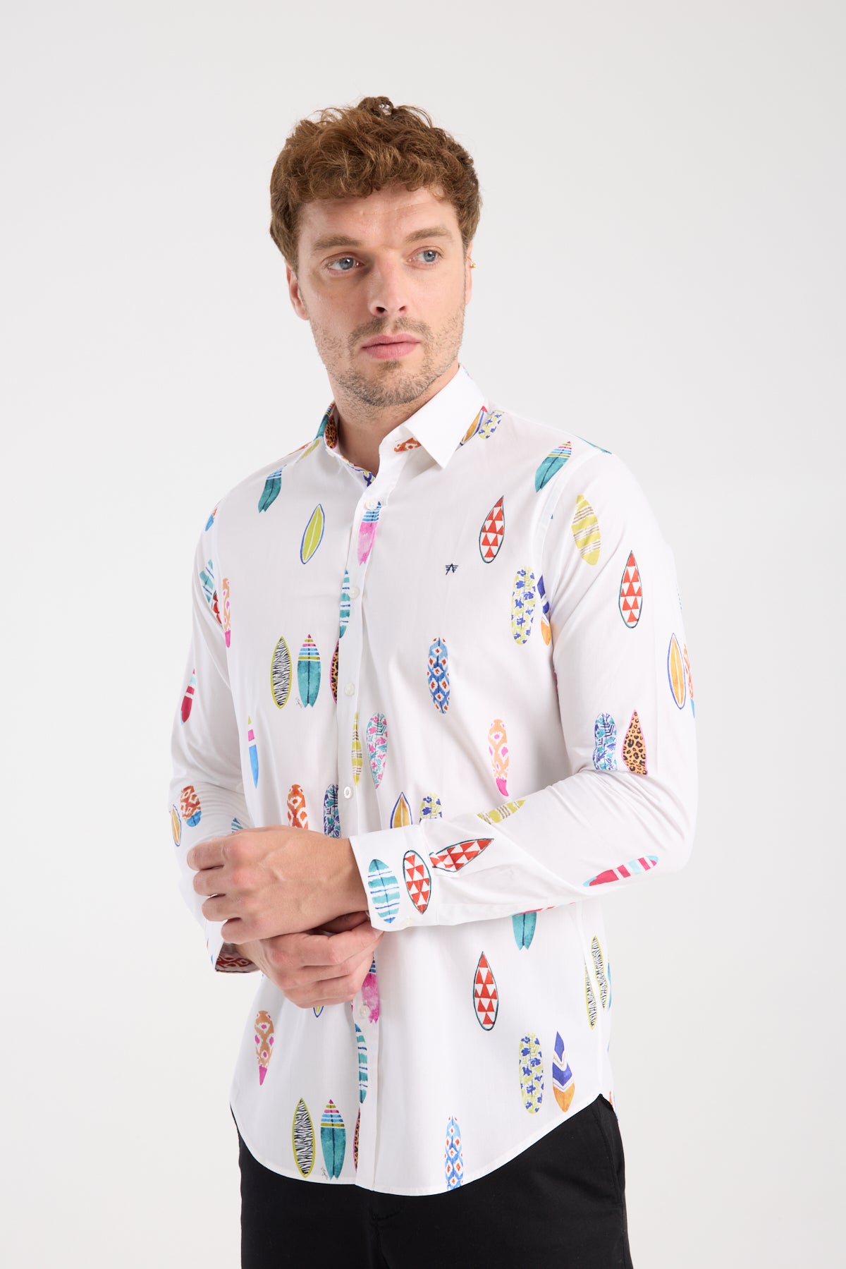 AClub AC10064 Poplin Pamuklu Slim Fit Beyaz Klasik Yaka Erkek Baskılı Gömlek