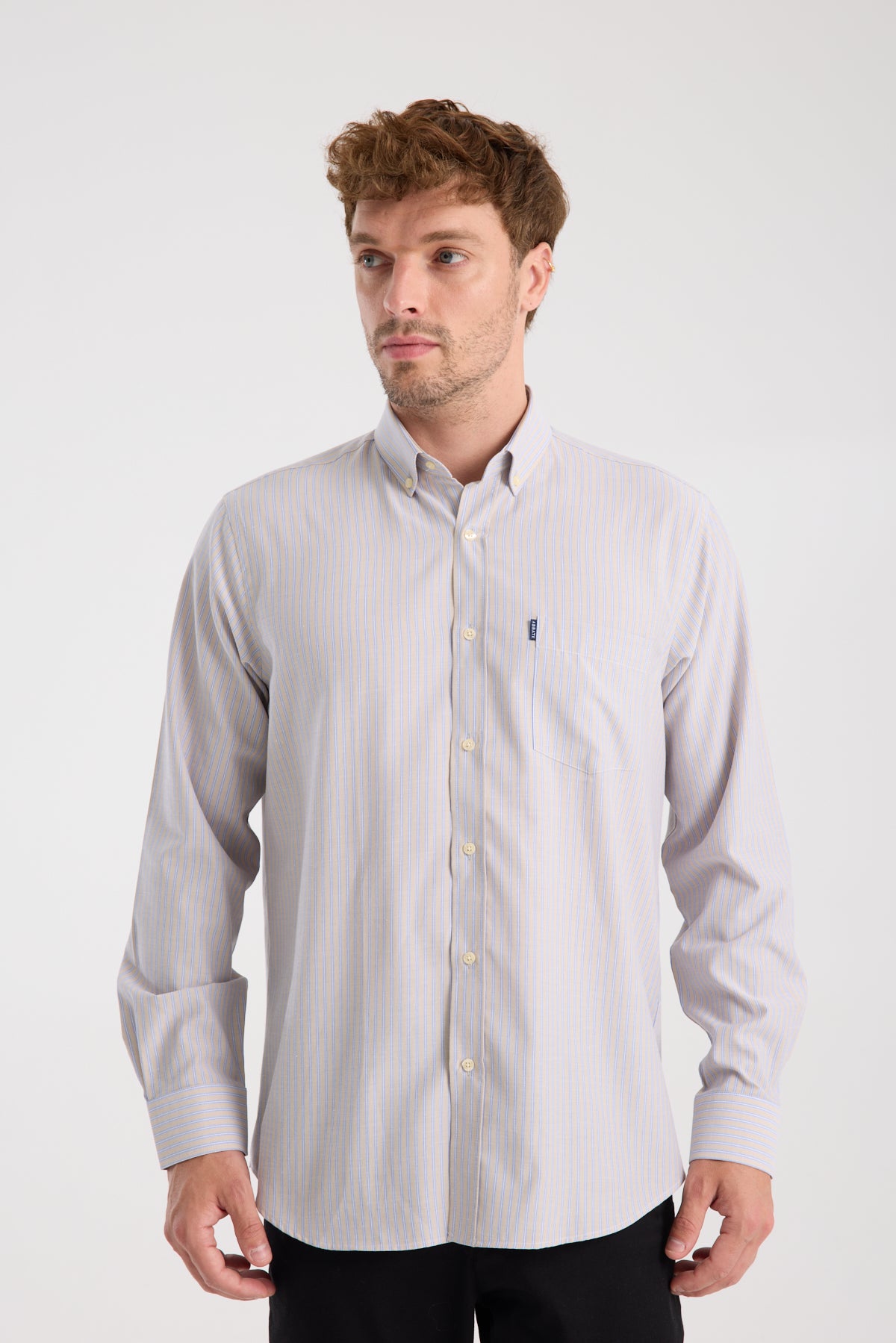 AClub AC10068 Oxford Pamuk Karışımlı Regular Fit Bej Düğmeli Yaka Erkek Çizgili Gömlek