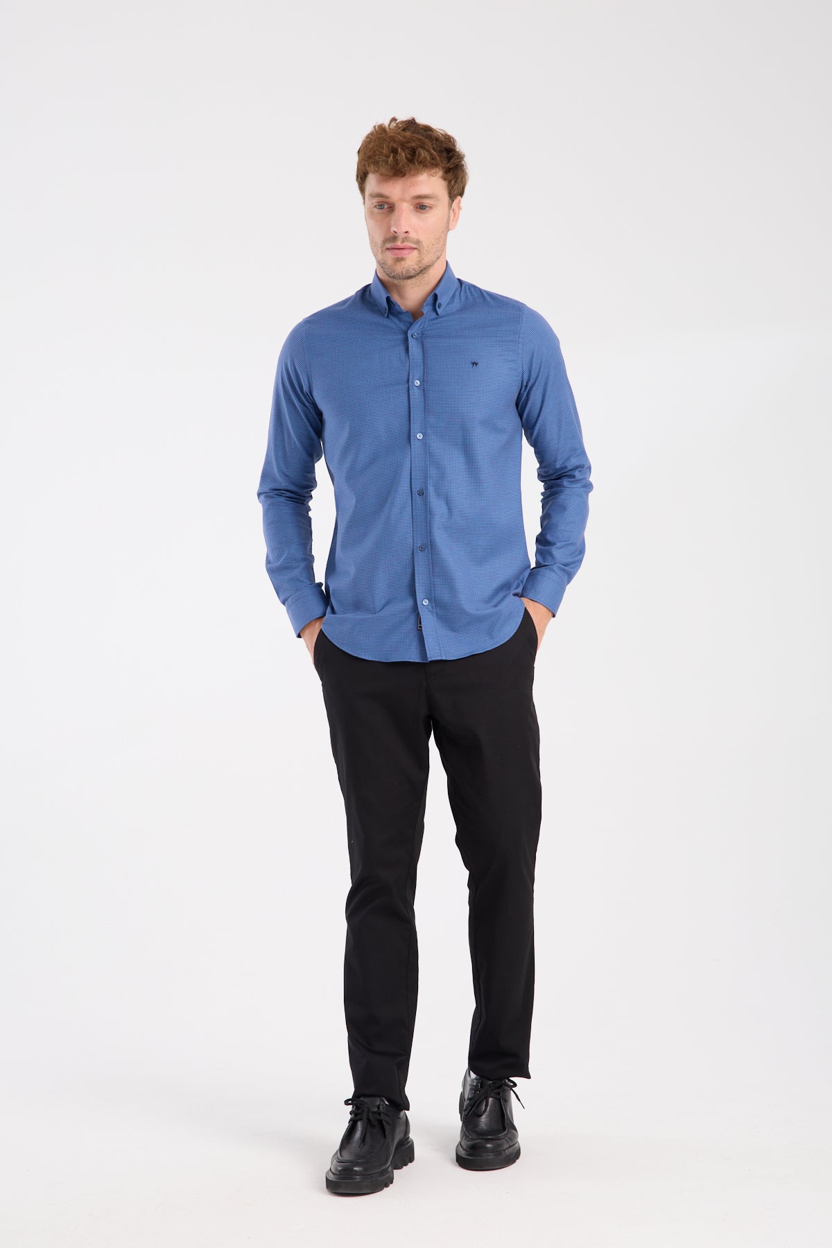 AClub AC10071 Armür Stretch Pamuk Karışımlı Slim Fit Koyu Mavi Düğmeli Yaka Erkek Desenli Gömlek