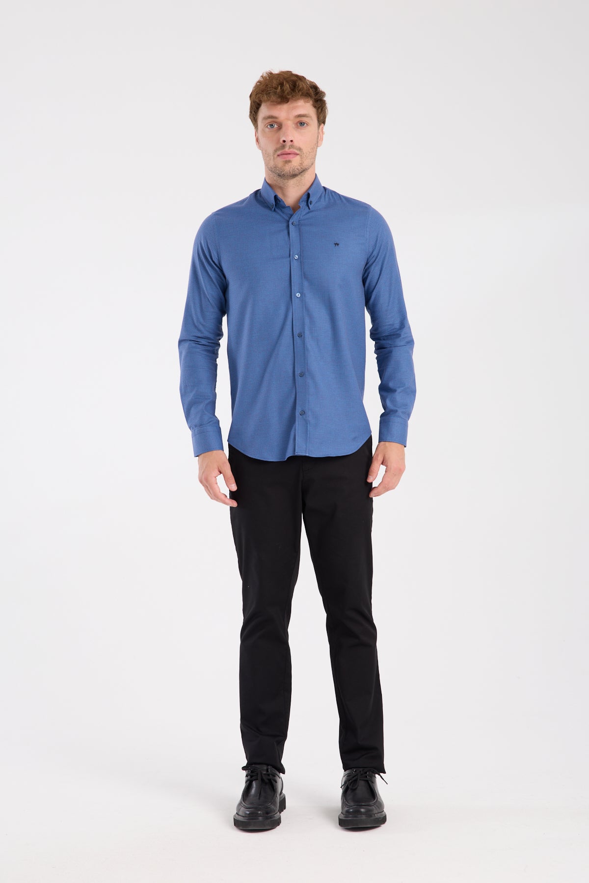 AClub AC10071 Armür Stretch Pamuk Karışımlı Slim Fit Koyu Mavi Düğmeli Yaka Erkek Desenli Gömlek
