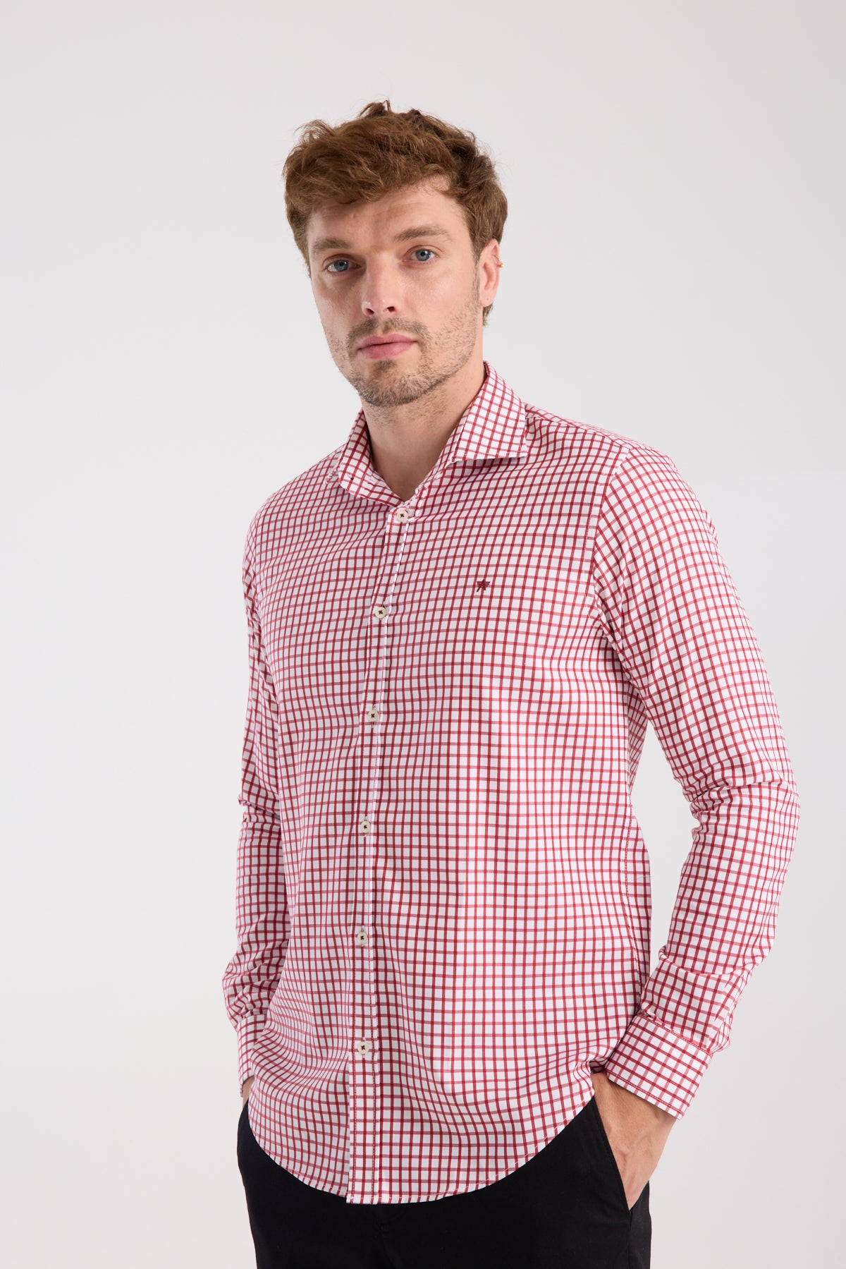 AClub AC10072 Twill Pamuklu Slim Fit Kırmızı Klasik Yaka Erkek Kareli Gömlek