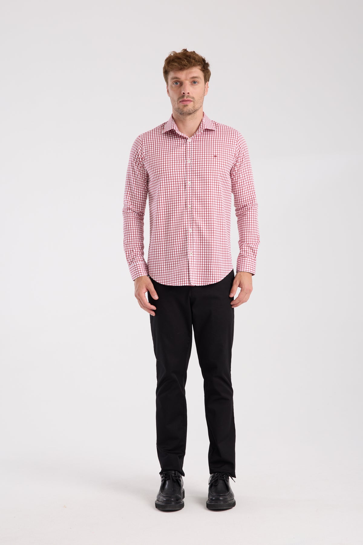 AClub AC10072 Twill Pamuklu Slim Fit Kırmızı Klasik Yaka Erkek Kareli Gömlek