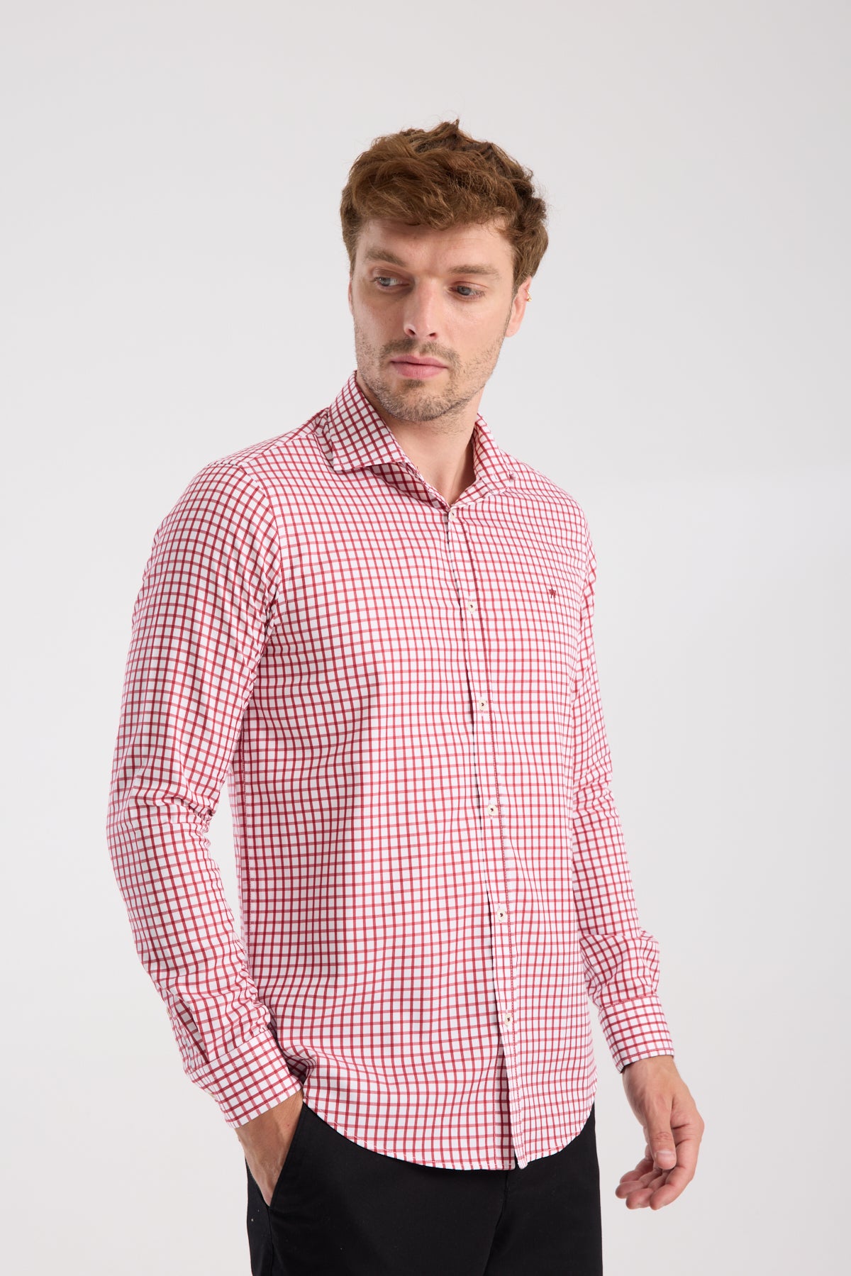 AClub AC10072 Twill Pamuklu Slim Fit Kırmızı Klasik Yaka Erkek Kareli Gömlek