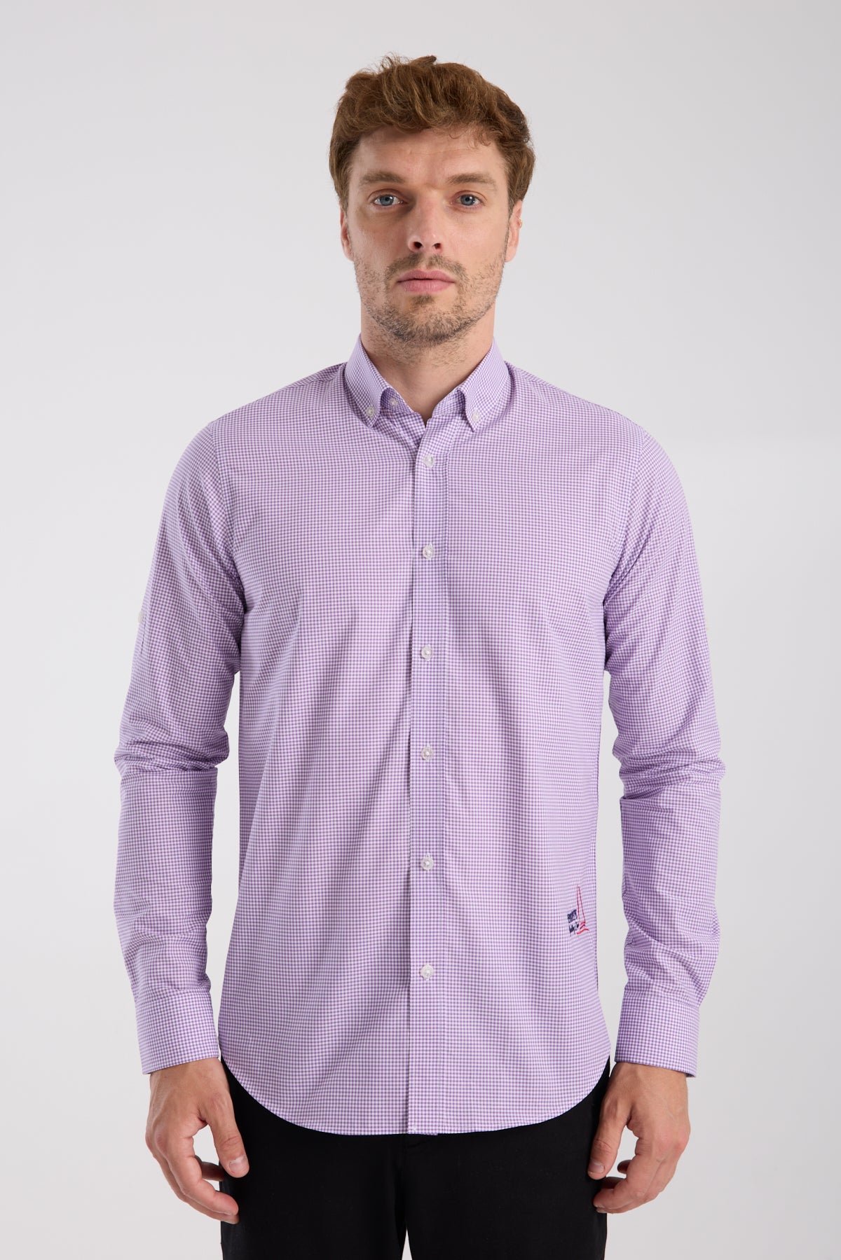 AClub AC10073 Poplin Pamuklu Slim Fit Mor Düğmeli Yaka Erkek Kareli Gömlek