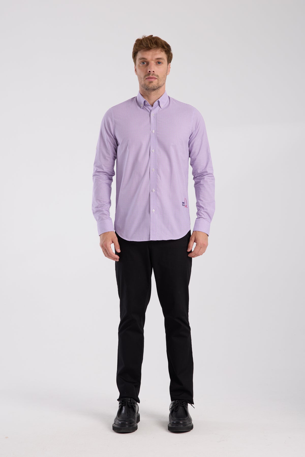 AClub AC10073 Poplin Pamuklu Slim Fit Mor Düğmeli Yaka Erkek Kareli Gömlek