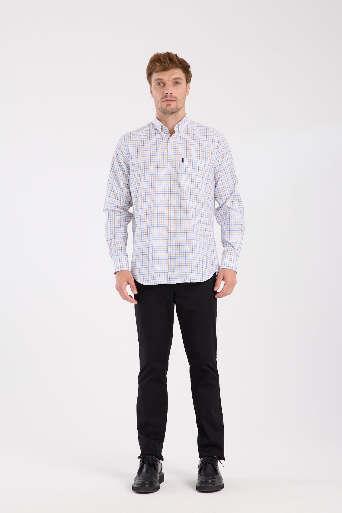 AClub AC10077 Oxford Pamuk Karışımlı Regular Fit Sarı Düğmeli Yaka Erkek Kareli Gömlek