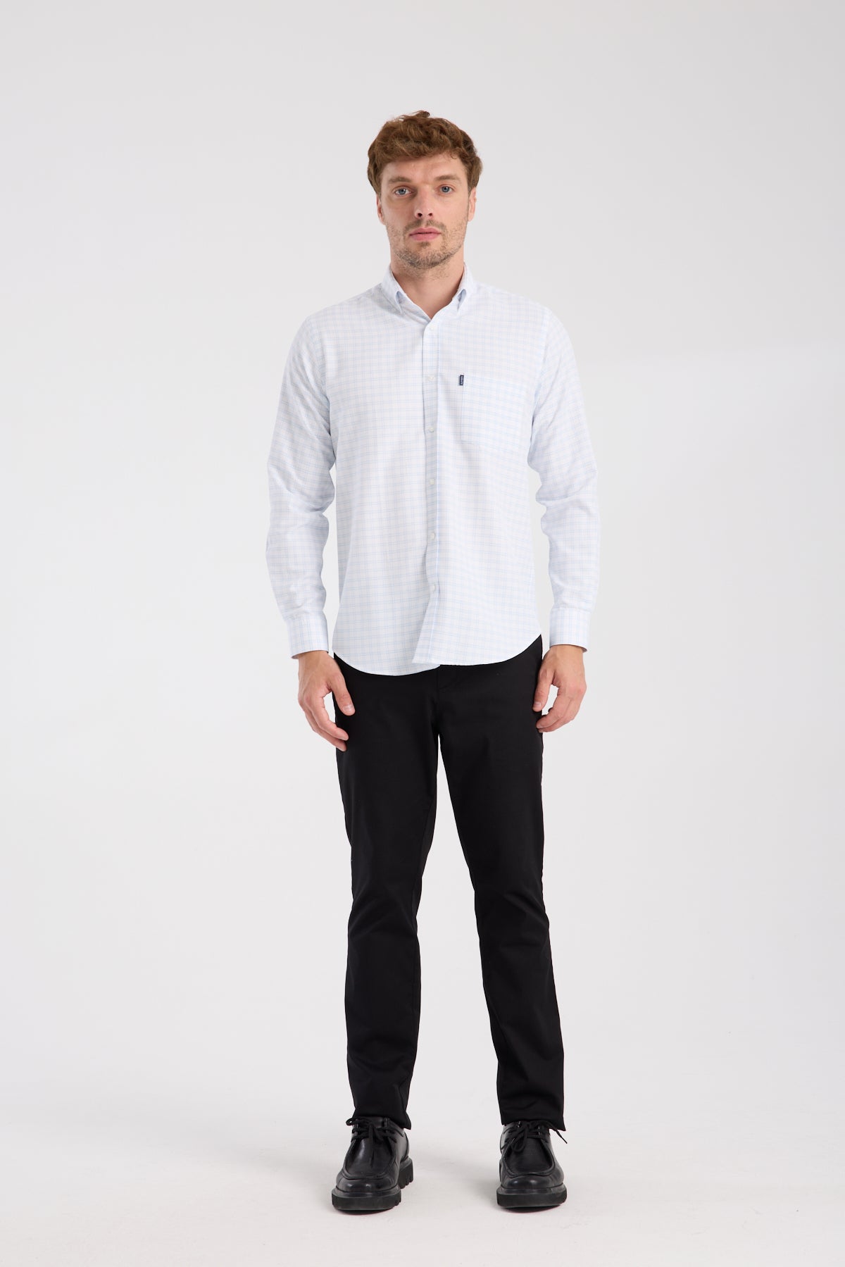 AClub AC10082 Oxford Pamuk Karışımlı Regular Fit Açık Mavi Düğmeli Yaka Erkek Kareli Gömlek