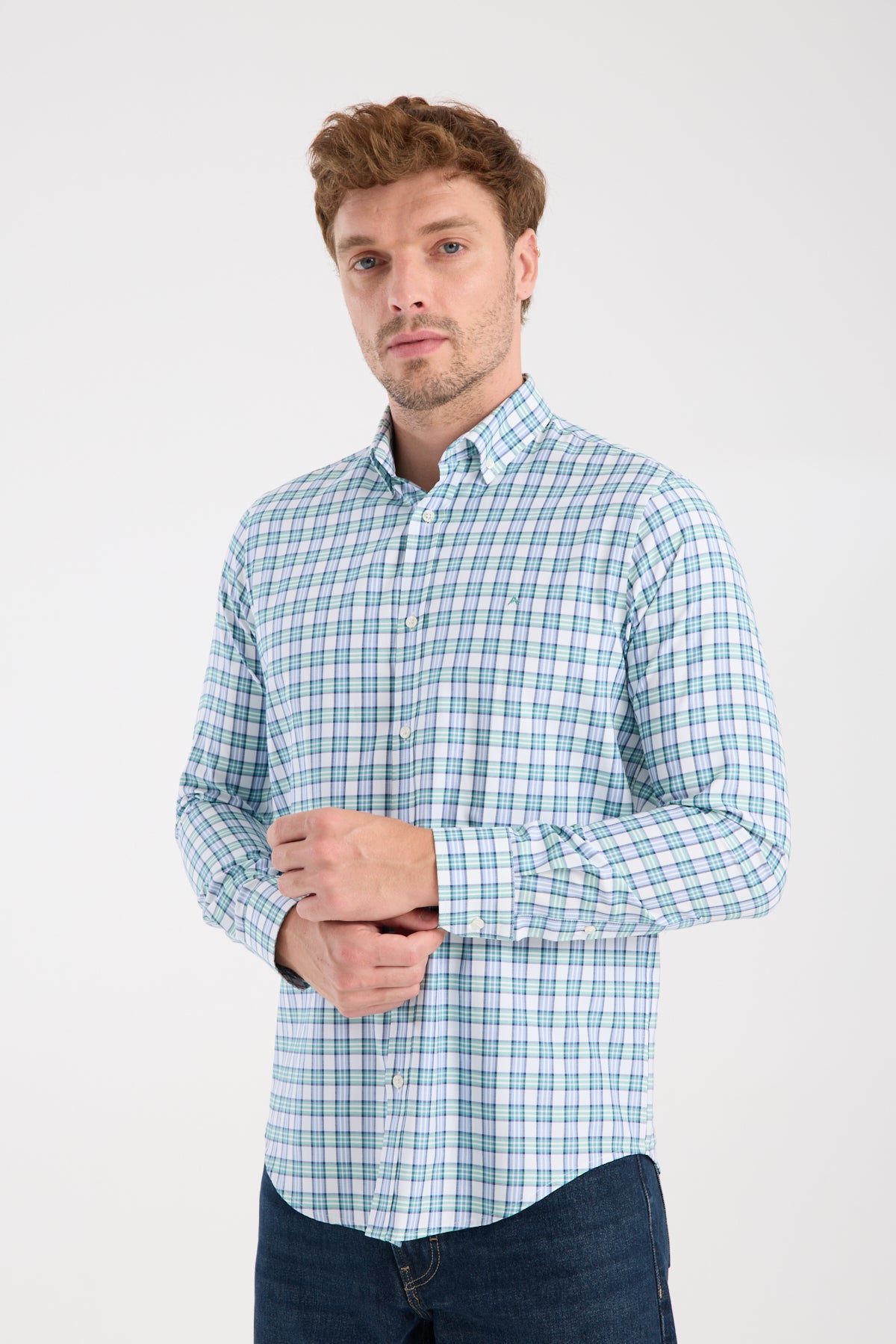 AClub AC10083 Oxford Pamuk Karışımlı Slim Fit Yeşil Düğmeli Yaka Erkek Kareli Gömlek