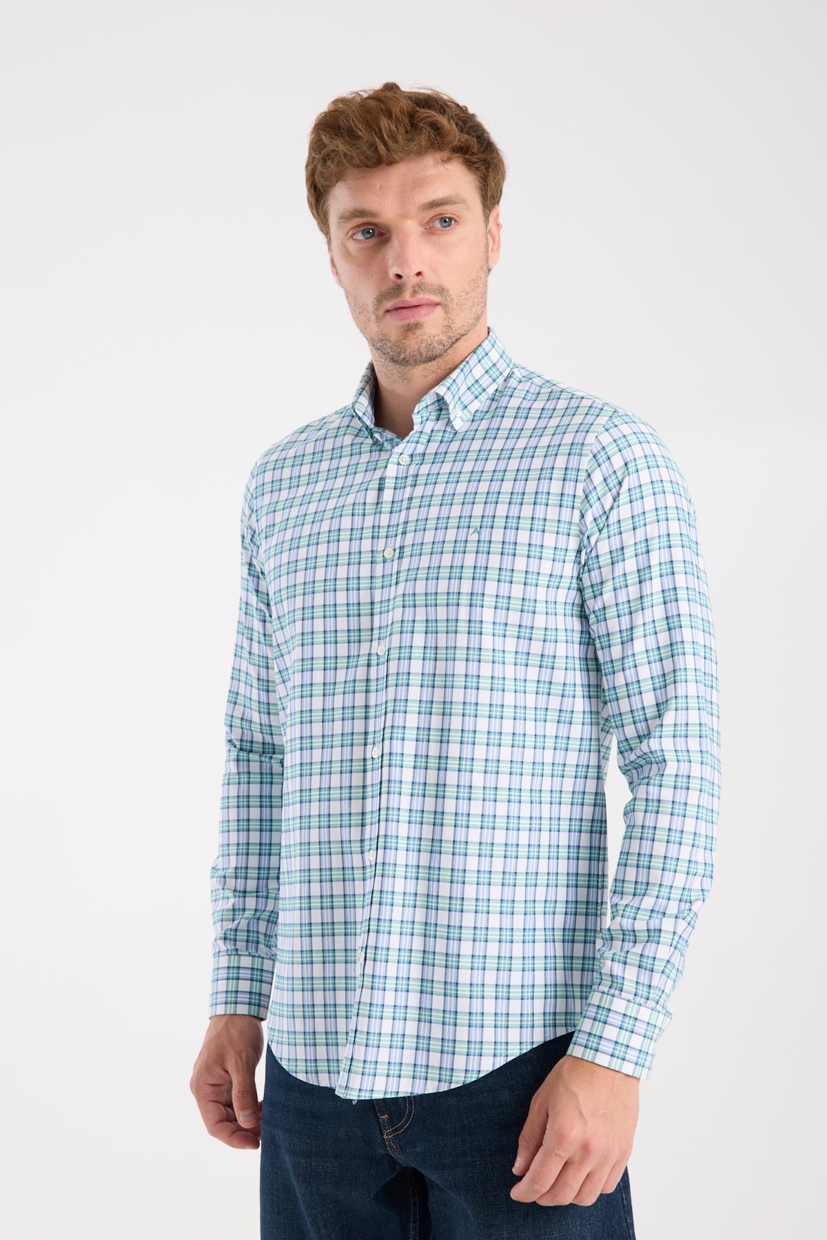 AClub AC10083 Oxford Pamuk Karışımlı Slim Fit Yeşil Düğmeli Yaka Erkek Kareli Gömlek