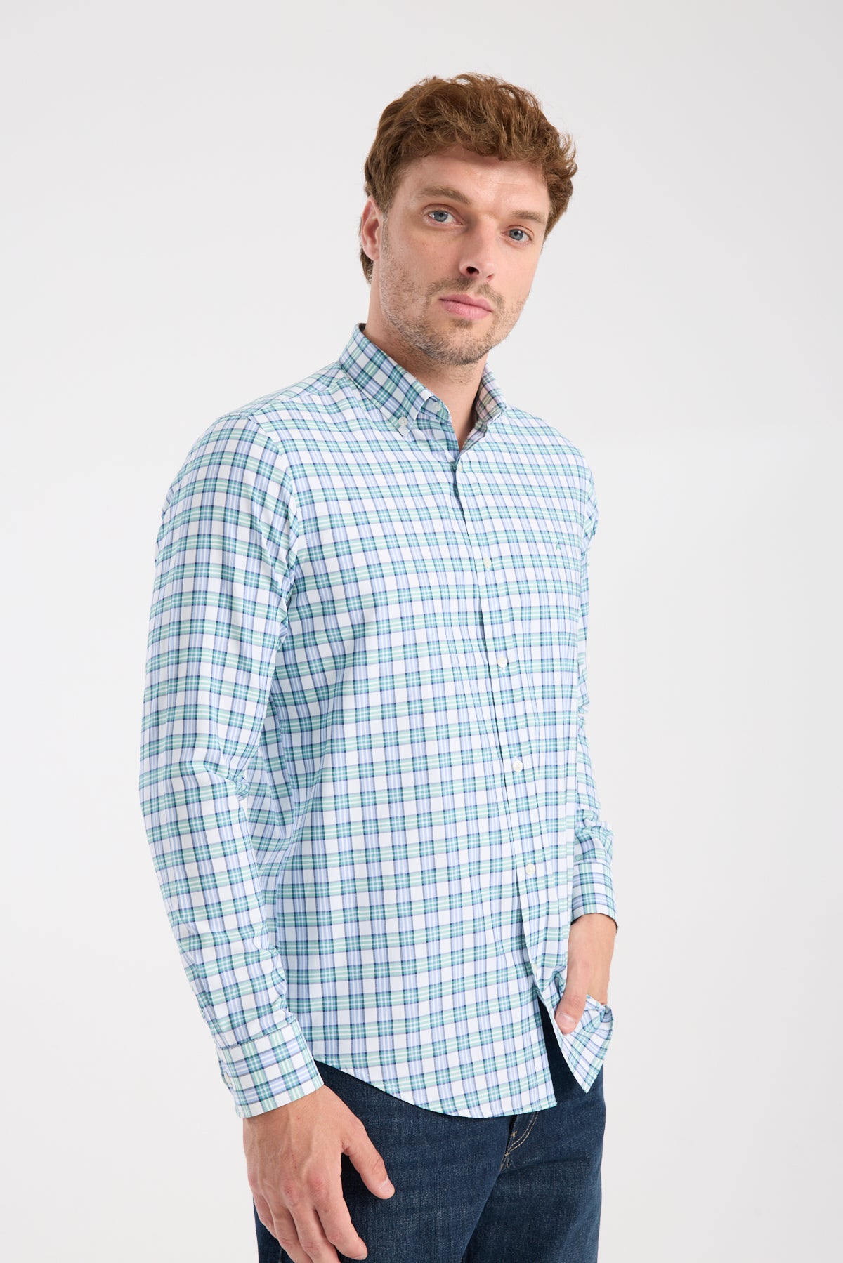 AClub AC10083 Oxford Pamuk Karışımlı Slim Fit Yeşil Düğmeli Yaka Erkek Kareli Gömlek